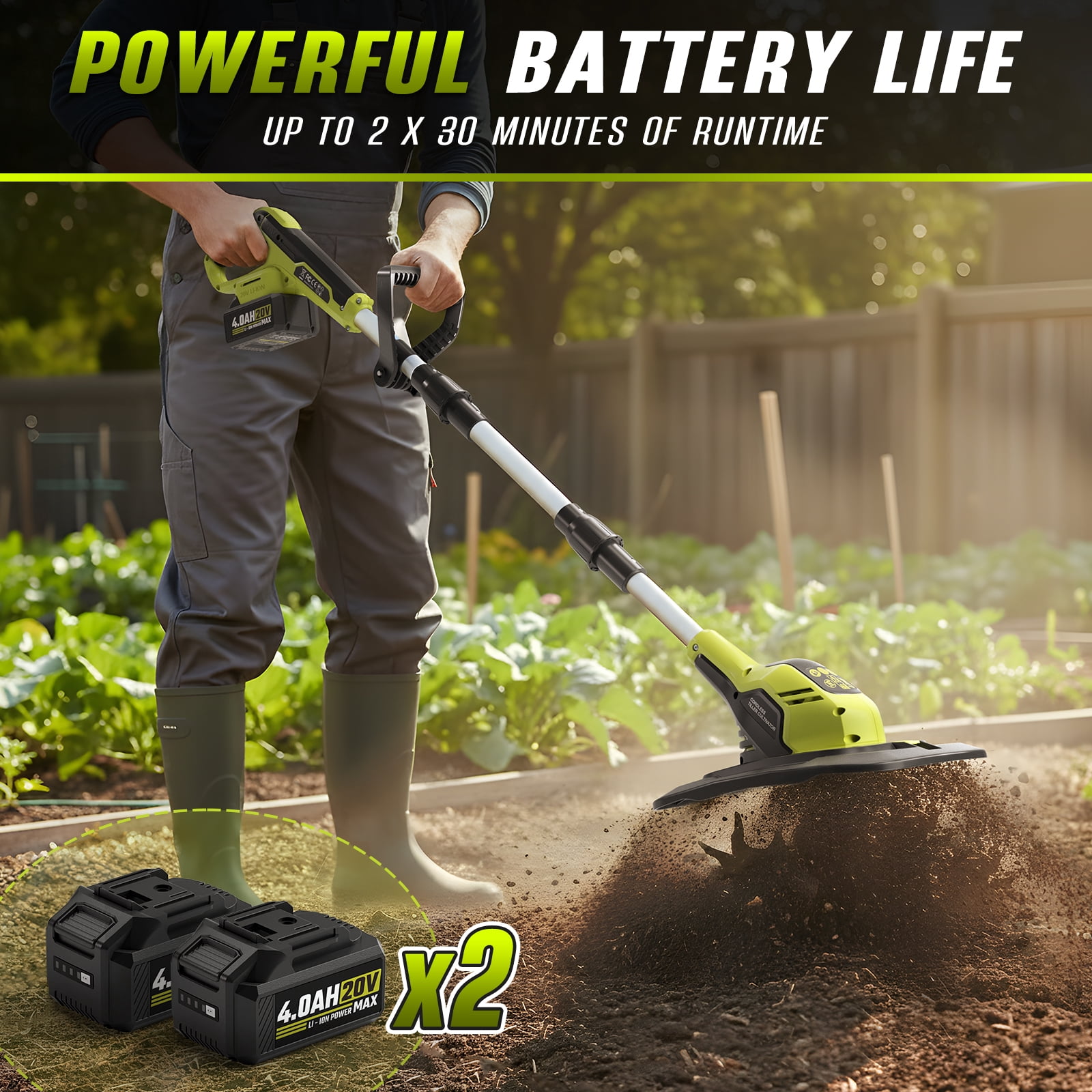 Revvstark 20V Cordless Electric Garden Tiller Cultivator, High-Torque Rototiller with (2) 4.0Ah Batteries and Fast Charger (8.9 in Width, 6.8 in Depth) nzjcp