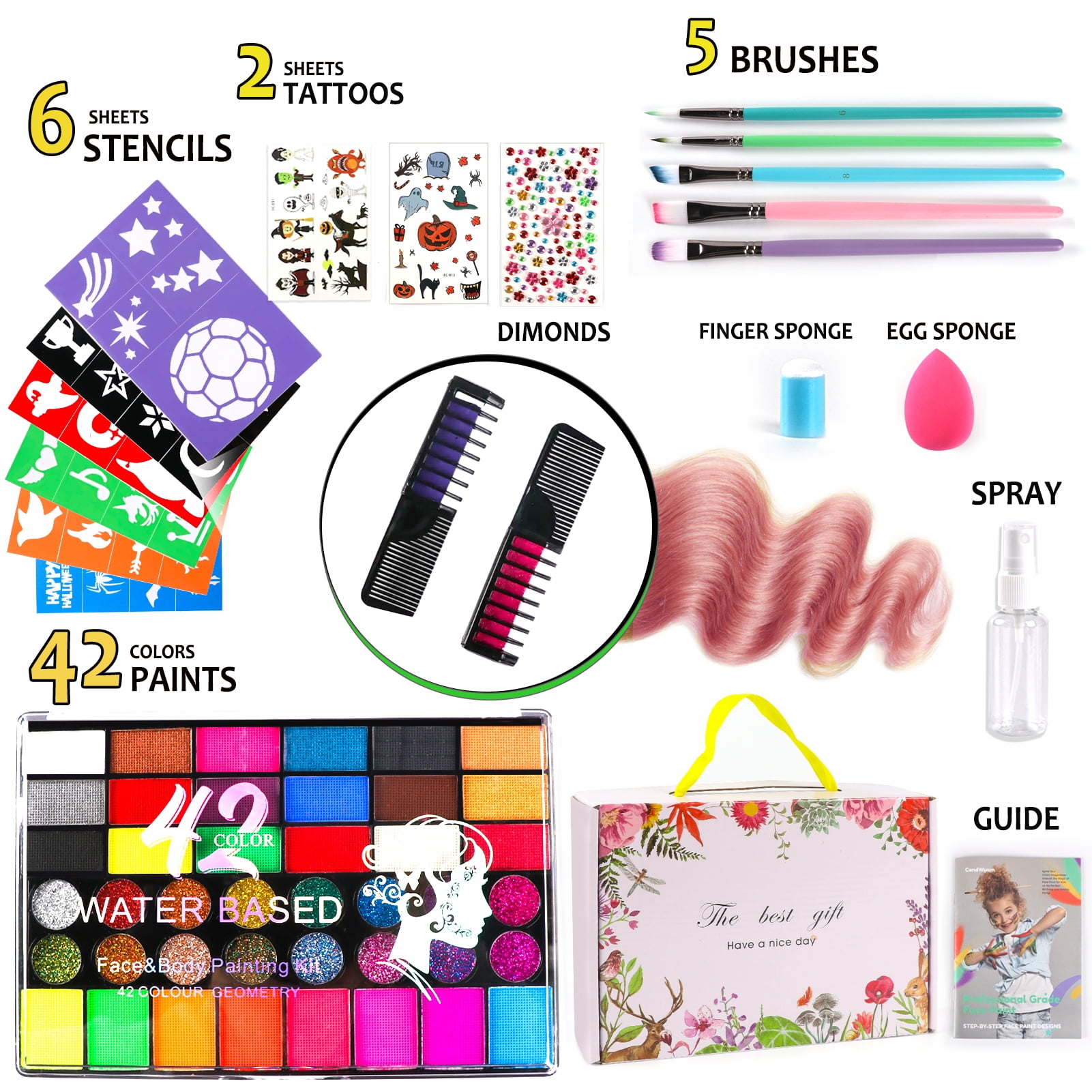 CandWuom Professional Face Painting Kit, Water Activated Paint Set with Brushes, Stencils, and Gems (42 Colors) njwol