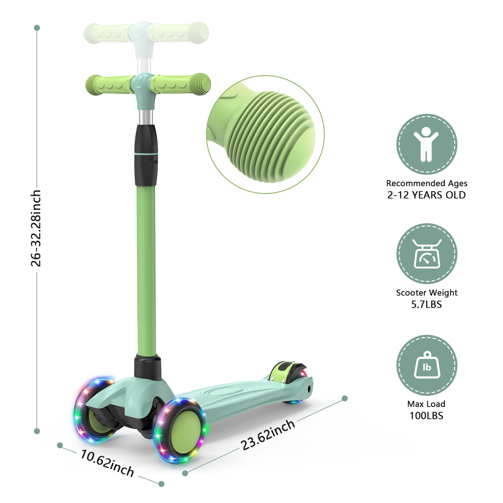 Spptty Kids Kick Scooter with 3 LED Lighted Wheels, Adjustable Height Handlebars, Lean-to-Steer, Foldable Design (Green, 8 lb) 9rnb7