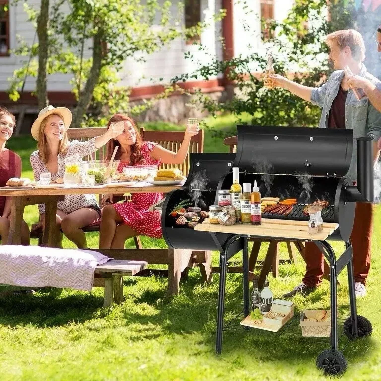 Bitiwend Charcoal Grill with Offset Smoker, Outdoor BBQ Grill with Side Table and Temperature Gauge (Black) zn2hj