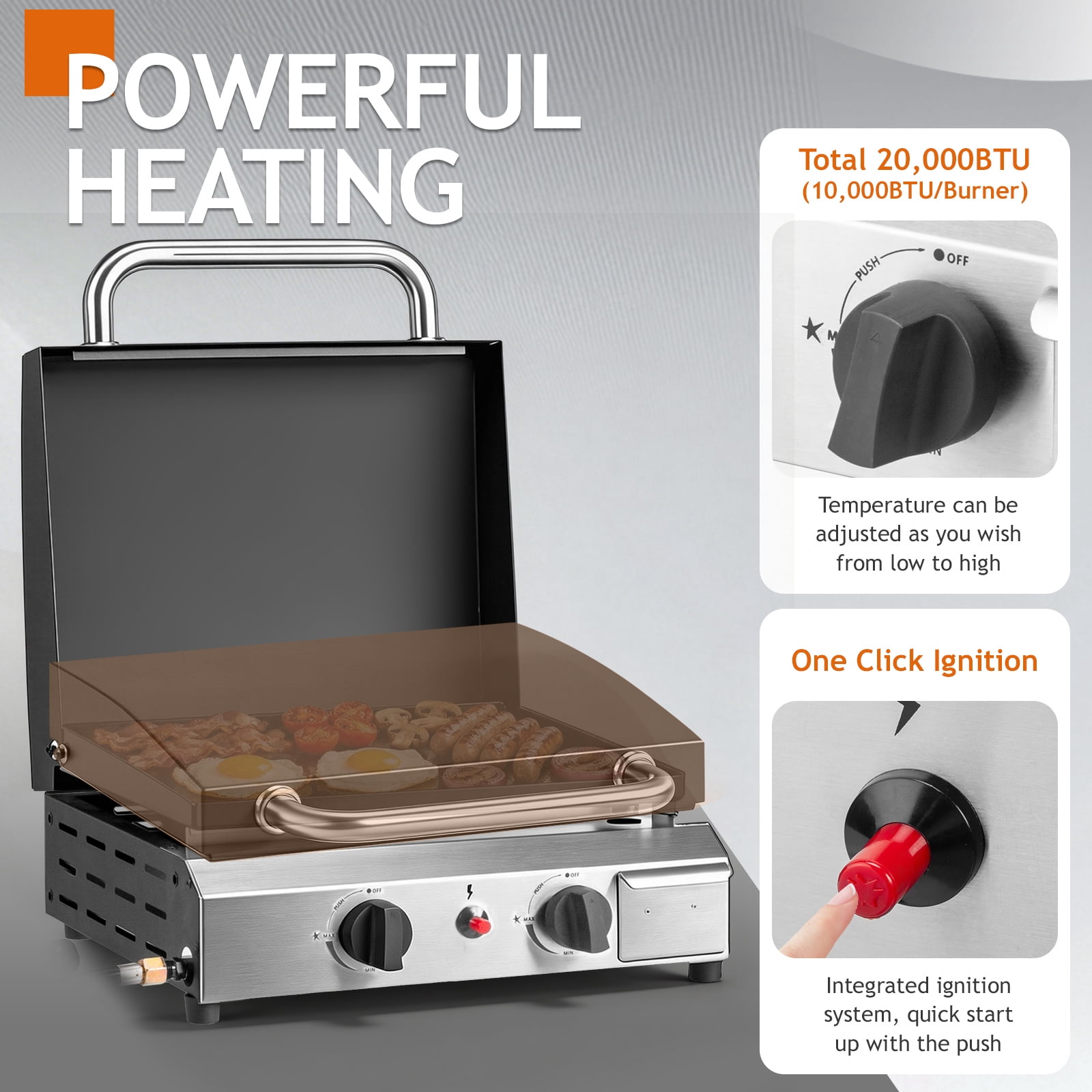 Ktaxon 2-Burner Propane Flat Top Gas Griddle with Lid and Ceramic Coated Cast Iron Pan (Black, 18.5 in x 11.5 in x 15.5 in) 97gib