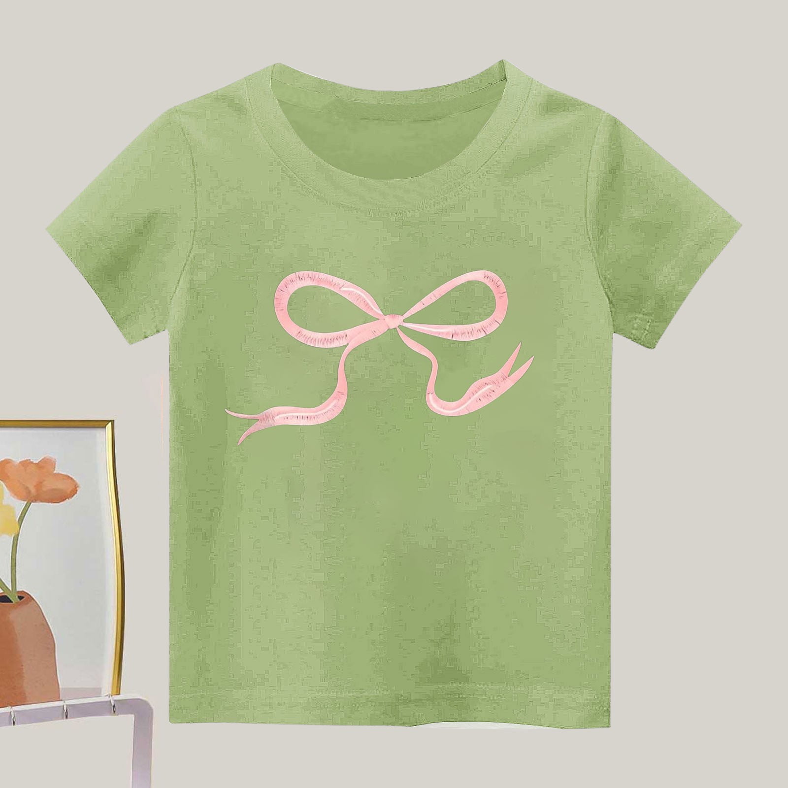Posijego Girls Bow Graphic T-Shirt Short Sleeve Crewneck Casual Summer Tee (Green, 2-14T) zakmj