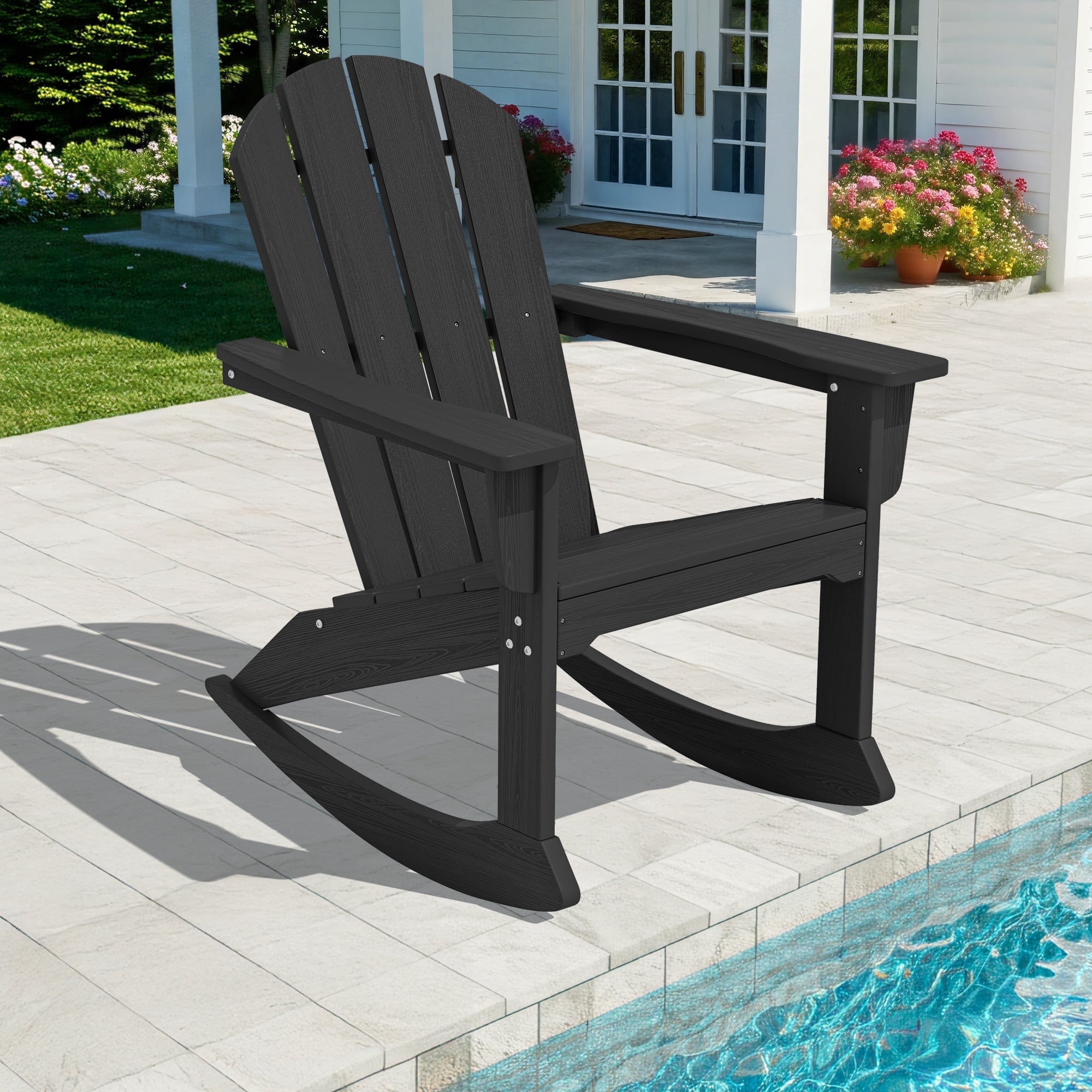 SERWALL Adirondack Rocking Chair, All-Weather HDPE Outdoor Patio Porch Rocker (Black, 33.46 in D x 28.94 in W x 38.19 in H) 8hgya