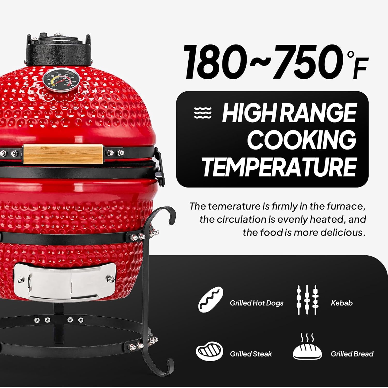 RovSun 13 in Ceramic Charcoal Grill, Portable Kamado BBQ Smoker for Outdoor Cooking (Red, 13 in) qgv4x