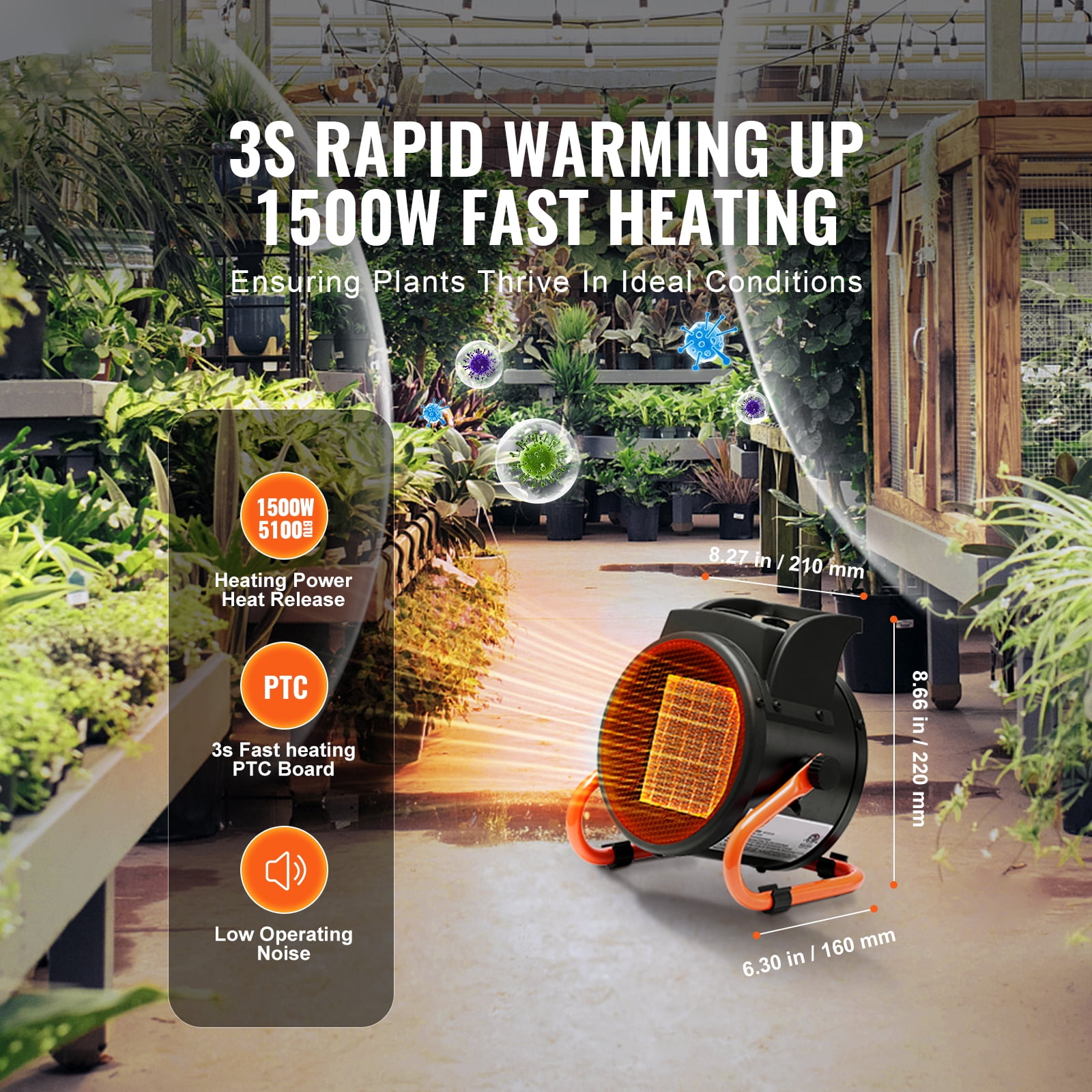 KFFKFF Greenhouse Heater, 1500W PTC Rapid Warming Fan with Overheat Protection (Black, 5 lb) o6jio