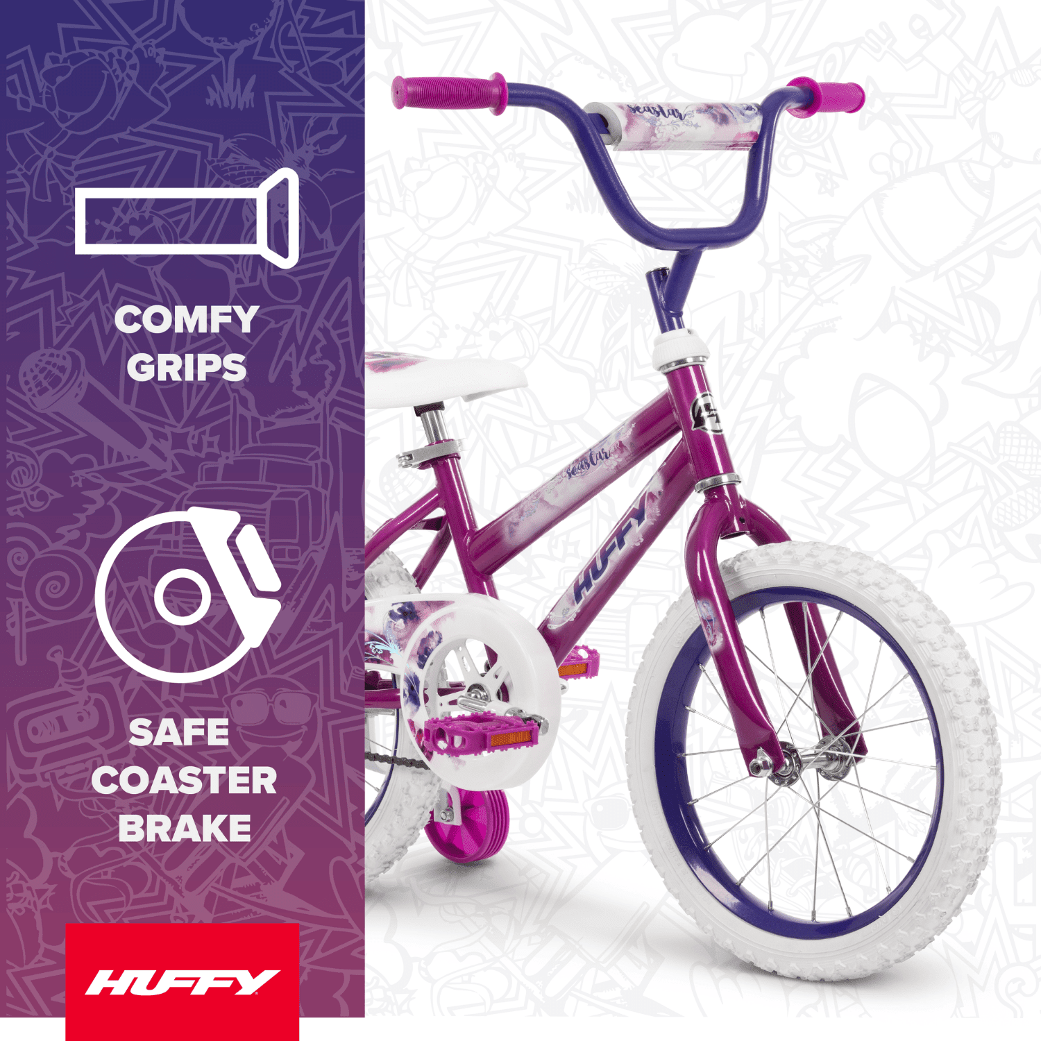 Huffy Sea Star Kids Bike for Girls, Durable Steel Frame with Training Wheels (Purple, 16 in) iiwqg