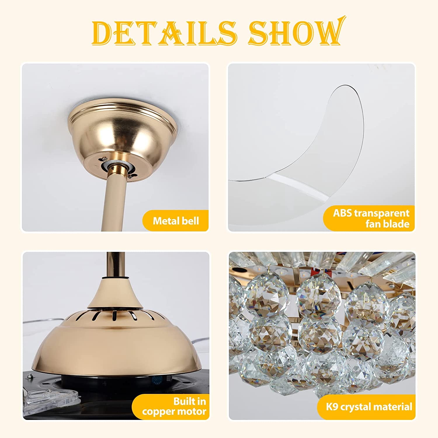Datingday 42 in Crystal Ceiling Fan Chandelier with Remote (Gold, 42 in) exti6