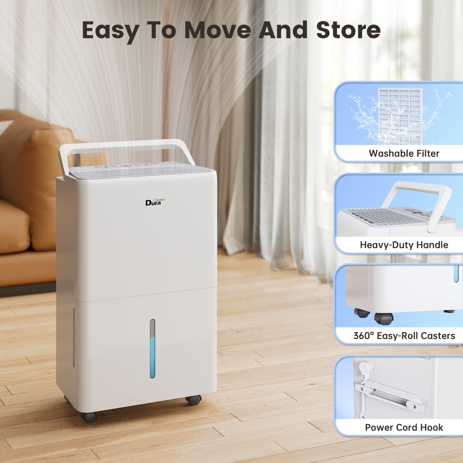 DuraComfort 50 Pint Dehumidifier for 4500 sq ft Basement and Large Rooms, Portable with Drain Hose (White, 50 Pint) qal67