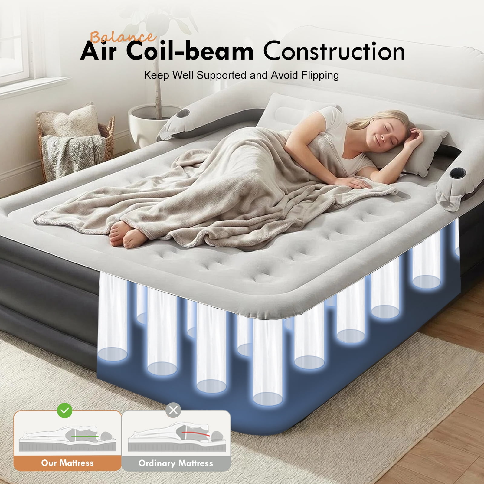Honeydrill Queen Size Air Mattress with Headboard and Built-in Pump (80 in x 60 in x 15 in) ryihm