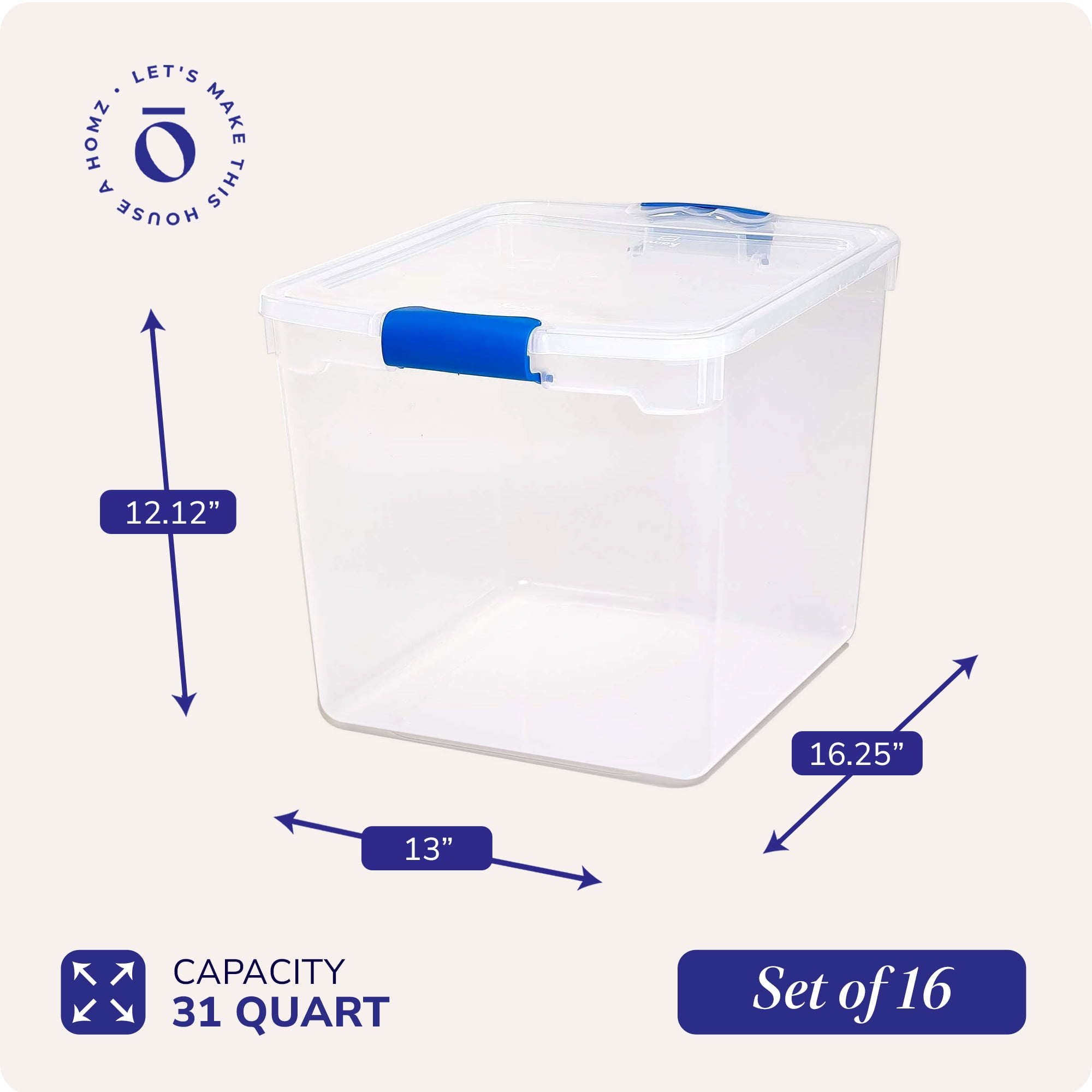 Homz Heavy Duty Stackable Storage Containers with Latching Lids (Clear, 31 Quart, 16 Pack) yheq9