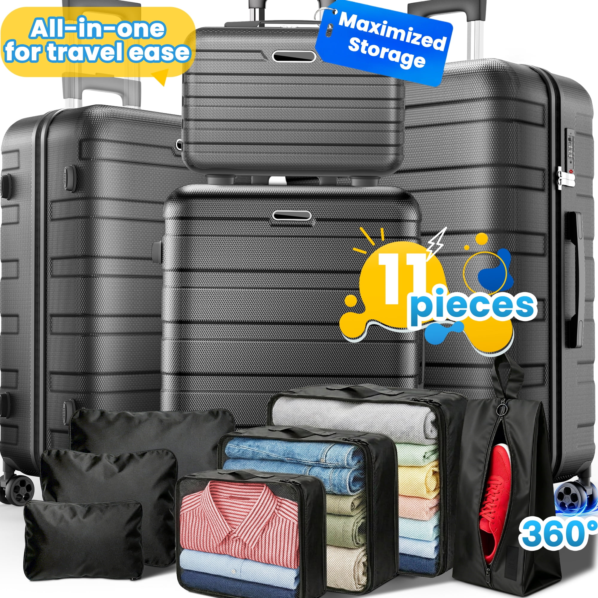 Campmoy Hardshell Luggage Set, Lightweight Spinner Suitcases with TSA Lock (Black, 11-Piece Set) 2tccq