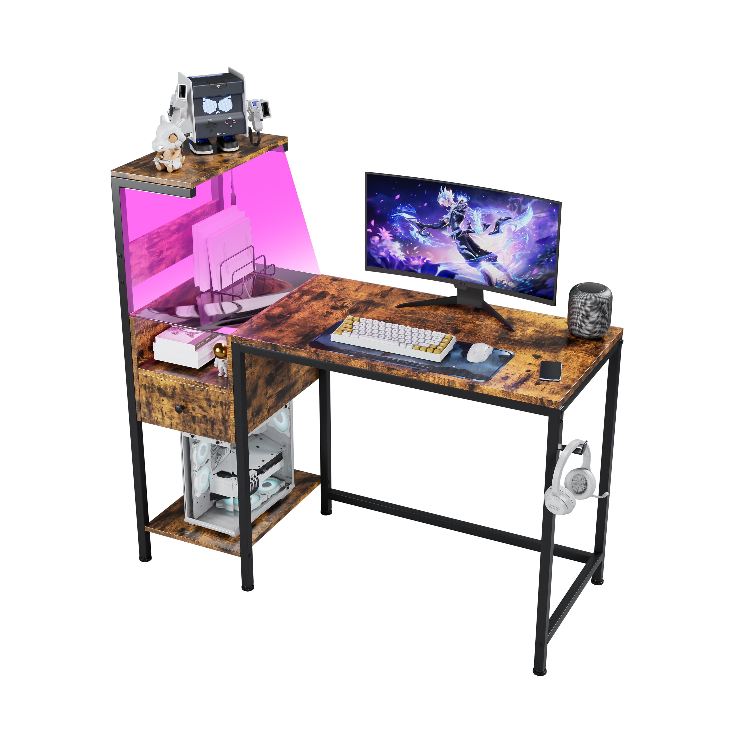 PuppyCheer Computer Desk with Power Outlet and Storage Shelves, Home Office Workstation with USB Charging Station (Brown, 48 in) on46h