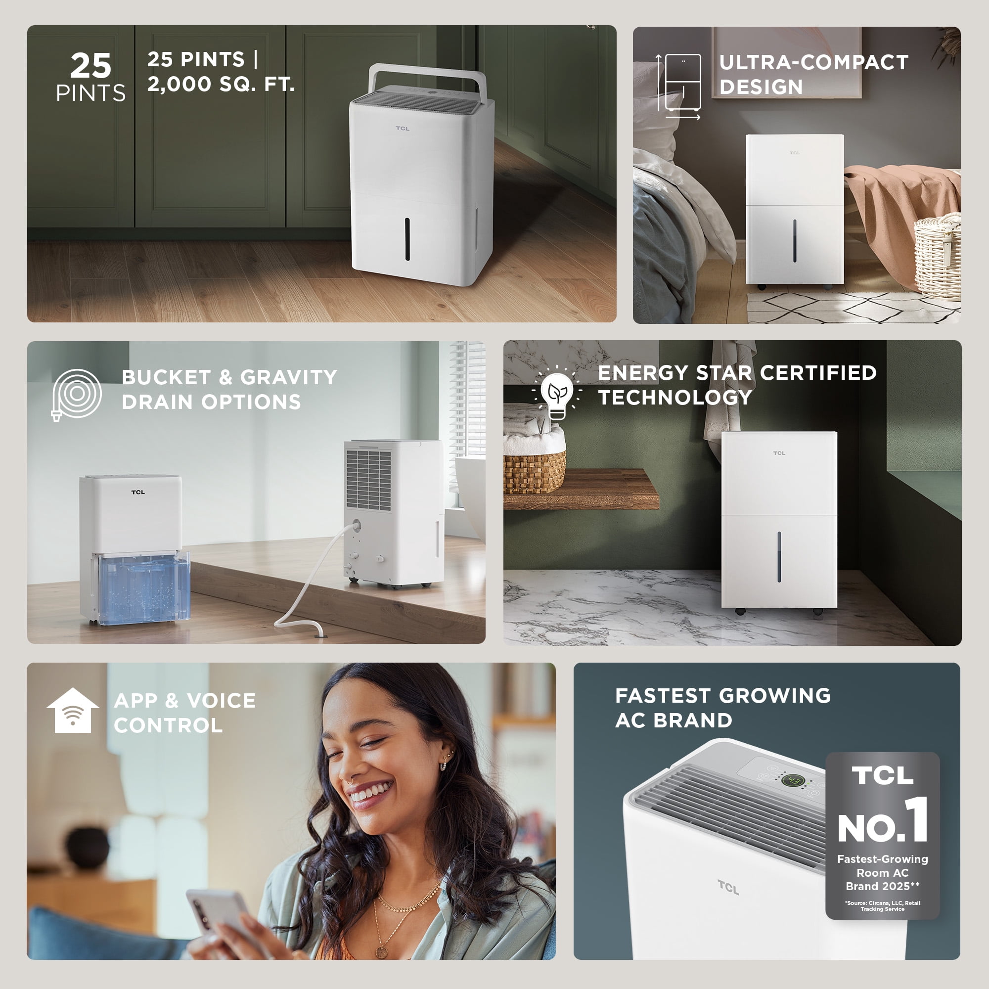TCL 25 Pint Smart Dehumidifier, Energy Star Certified, Quiet Operation, App-Controlled, Portable Design (White, 25 Pint) yqem7