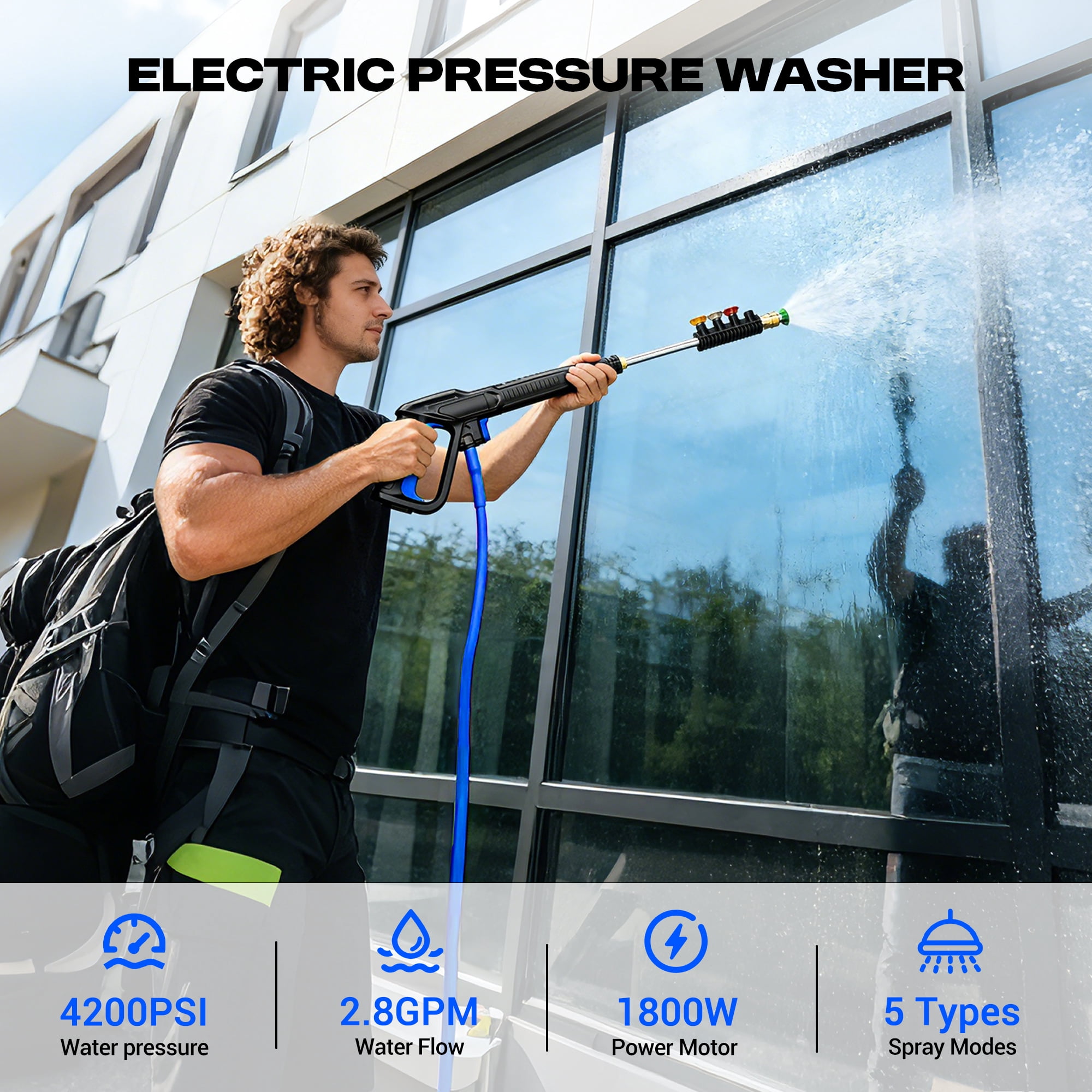 Rvchic 4200 PSI Electric Pressure Washer with Hose Reel and 4 Nozzles (Blue, 25 ft Hose) ee2ia
