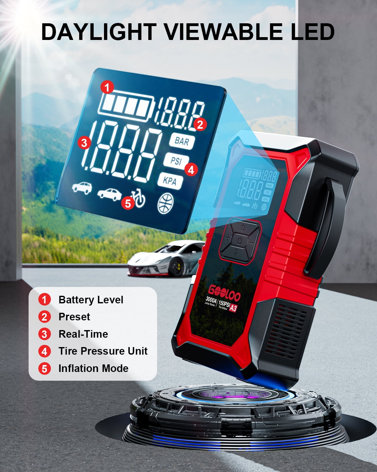 Gooloo 3000A Portable Car Battery Jump Starter with 150PSI Air Compressor (Red, 1 Unit) zeabv