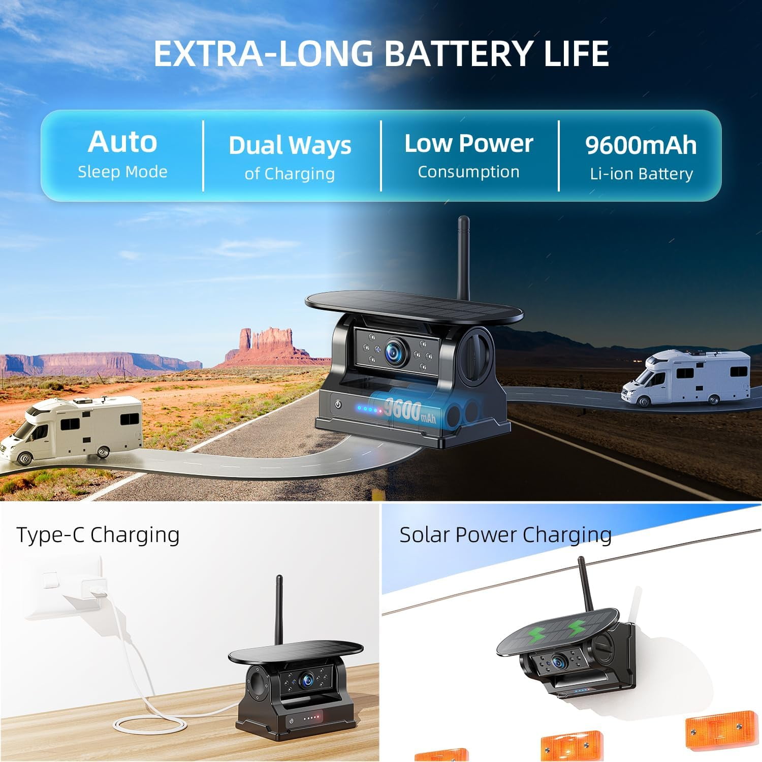 eRapta Magnetic Solar Wireless Backup Camera System (7 in 1080P Touchscreen, Dual Cameras, Black) o9zmu