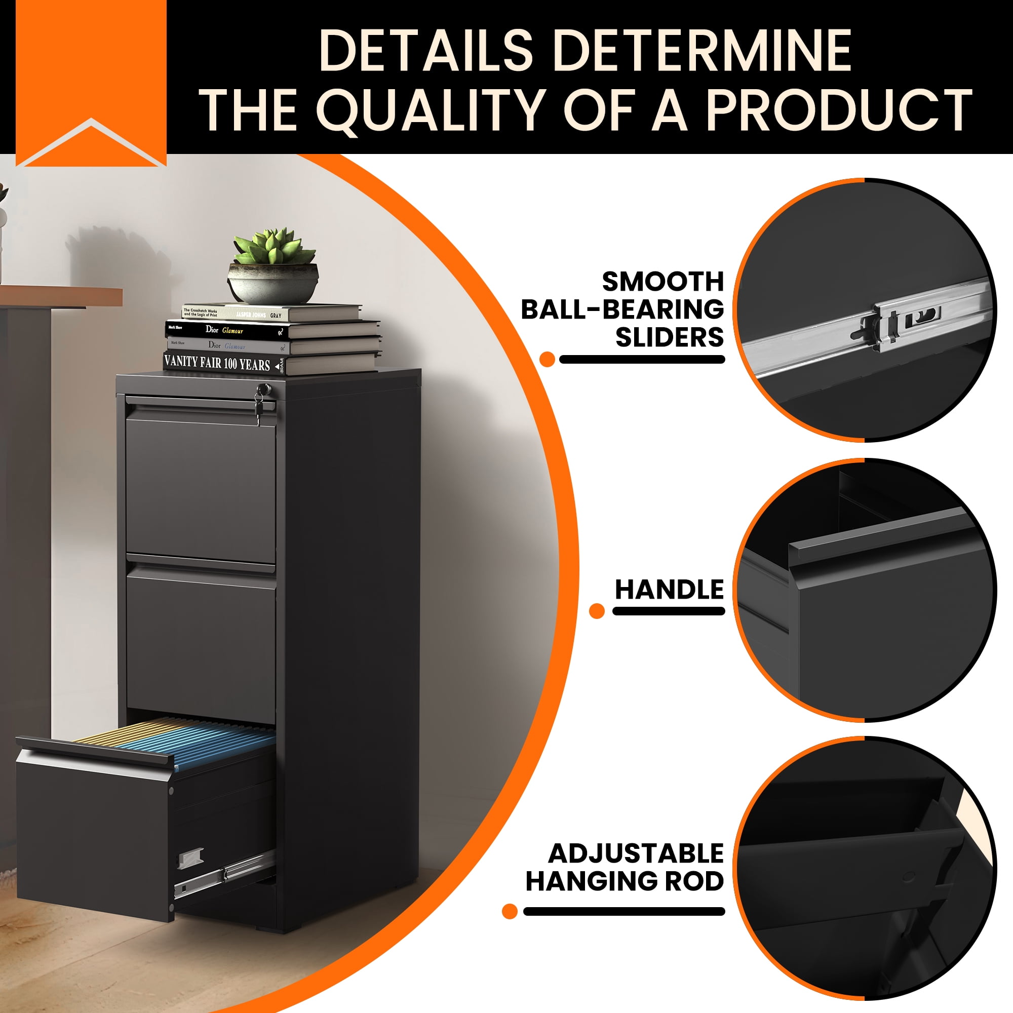 BIZOEIRON 3-Drawer Vertical Filing Cabinet with Lock, Heavy-Duty Steel Office Storage for Legal and Letter Files (Black) r9qb8