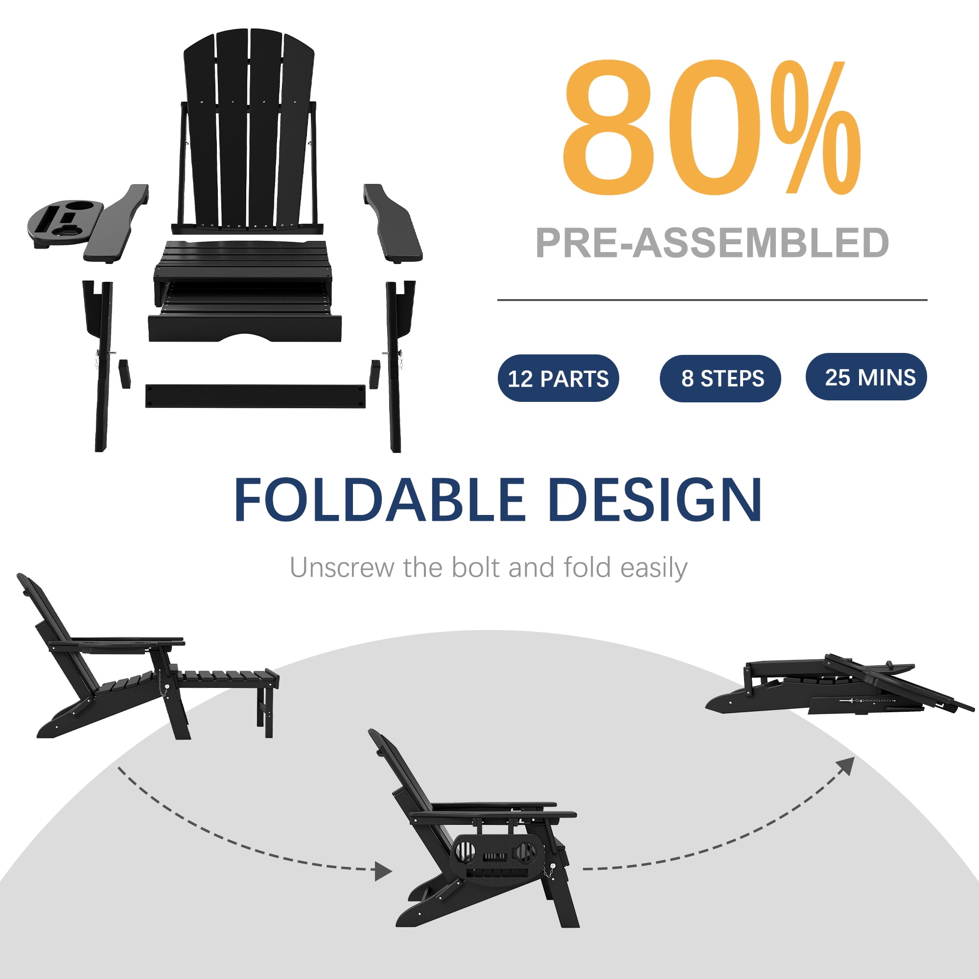 FOOWIN Folding Adirondack Chair with Retractable Ottoman, Adjustable Backrest HDPE Patio Chair with Cup Holder Tray (Black) ltl1r