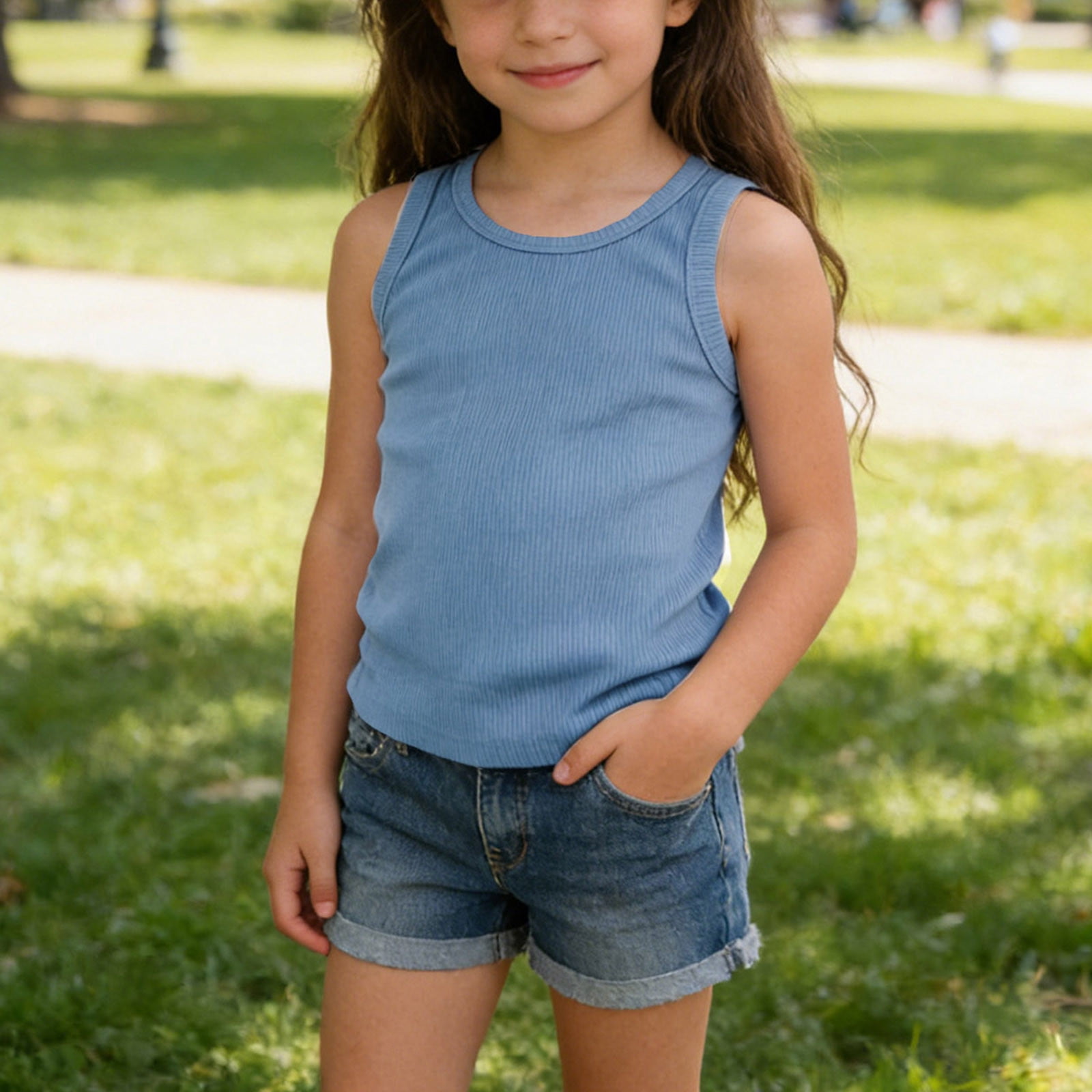 FAIWAD Girls Ribbed Knit Tank Top Sleeveless Summer Workout Shirt (Blue, Small) kdiin