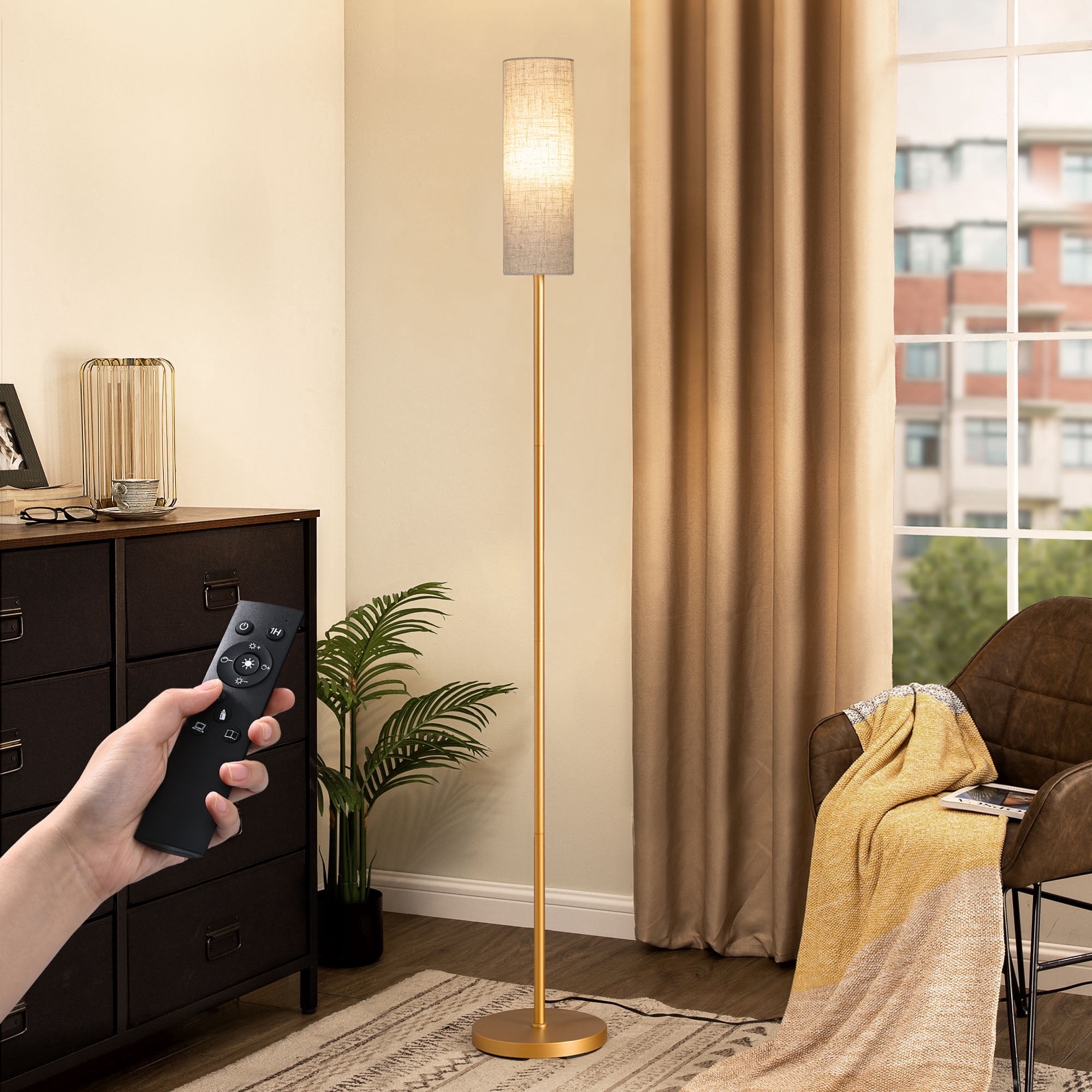 EDISHINE Modern LED Floor Lamp with Remote Control and Dimmable Lighting (Gold, 65 in) 86qpe