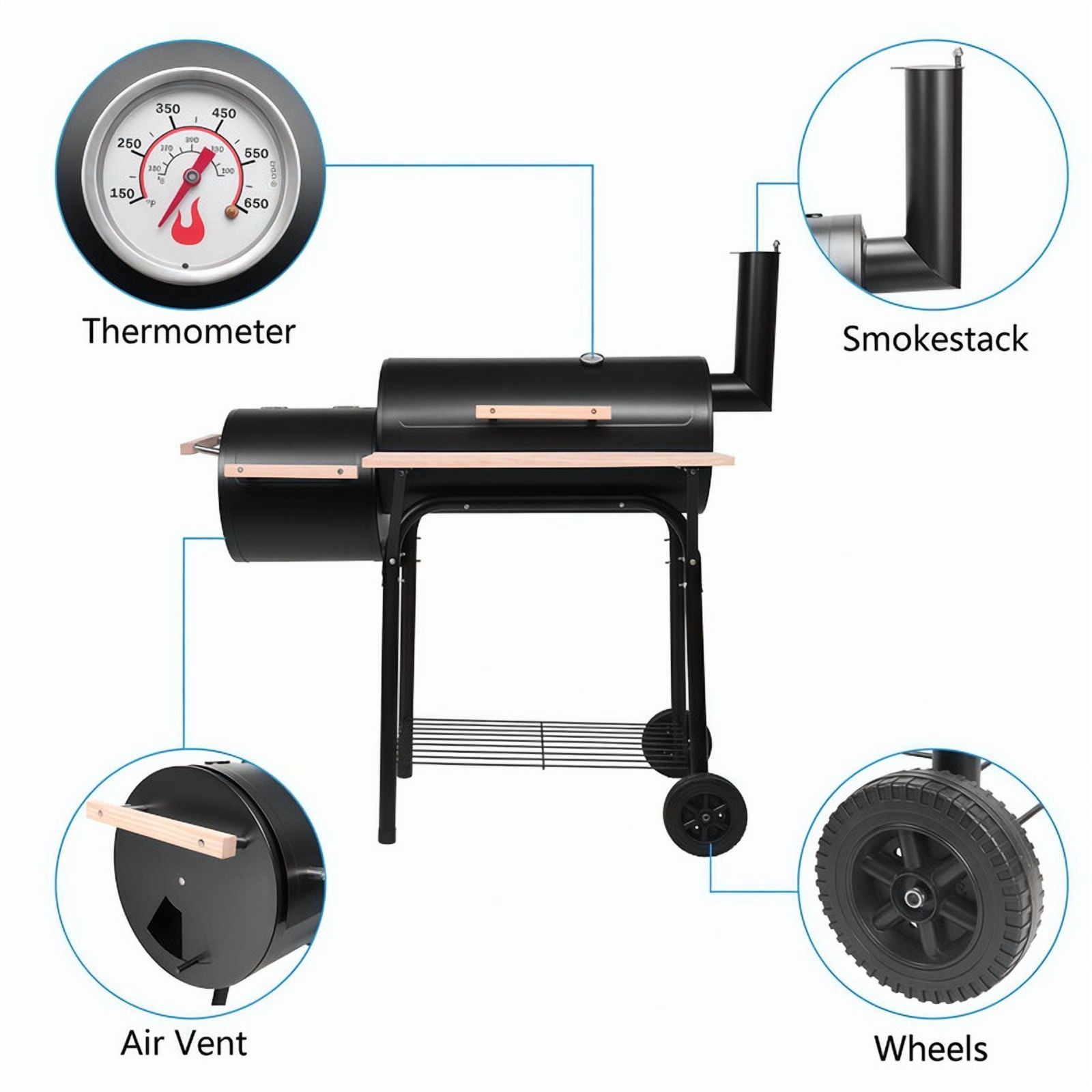 Gundir Charcoal Grill with Offset Smoker, Outdoor BBQ Grill with Thermometer and Adjustable Damper (Black, 44 in) zzc60