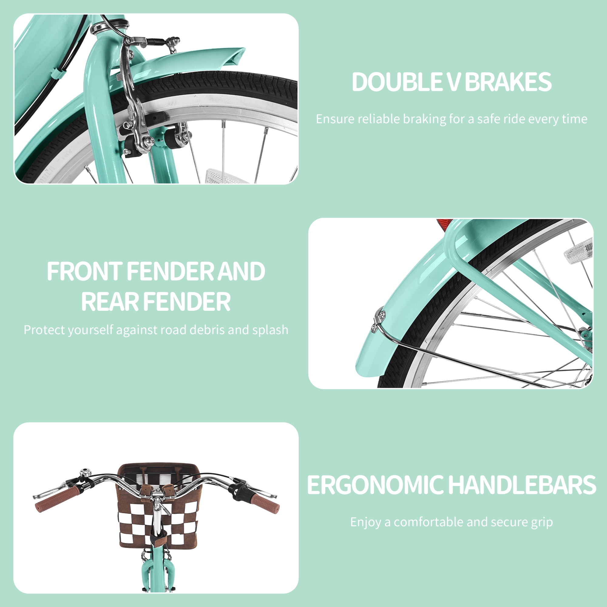 Bstjewey 24 in Folding Beach Cruiser Bike, 7 Speed Commuter Bicycle with Basket and Rear Rack (Green, 24 in) 8ajij