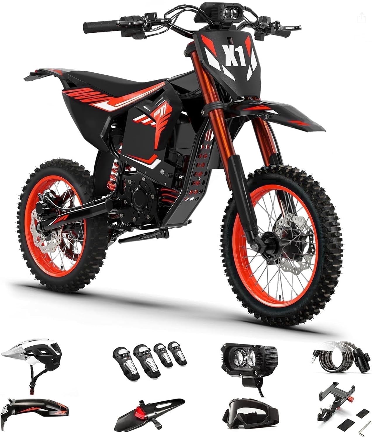 Qronge Electric Dirt Bike Off-Road Motorcycle with Full Suspension and Deluxe Accessory Pack (Red, 60V 28.8Ah) n0vei