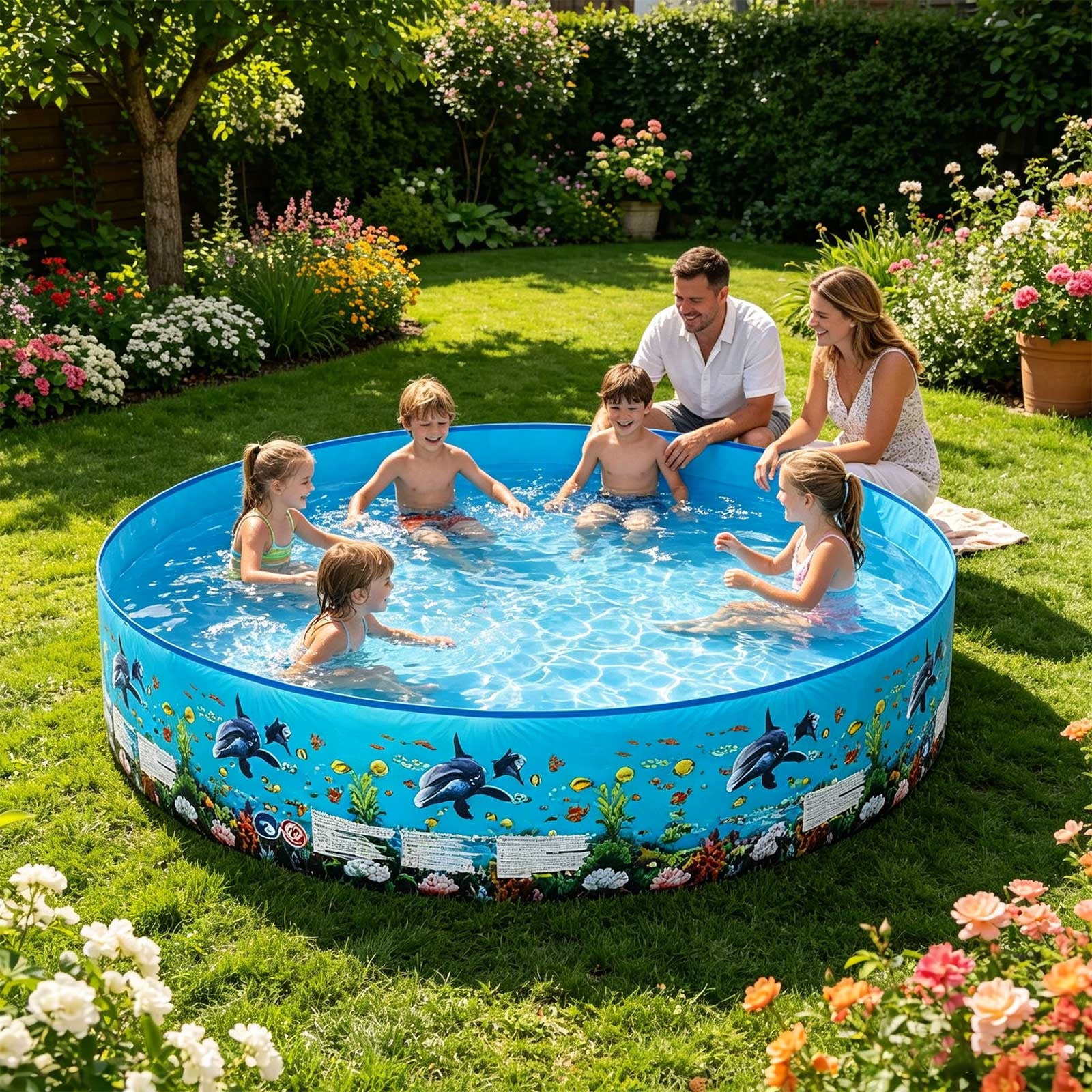 Lypsnake Inflatable Swimming Pool, Round Backyard Water Basin with Dolphin Pattern (Blue, 8 ft) usmgz