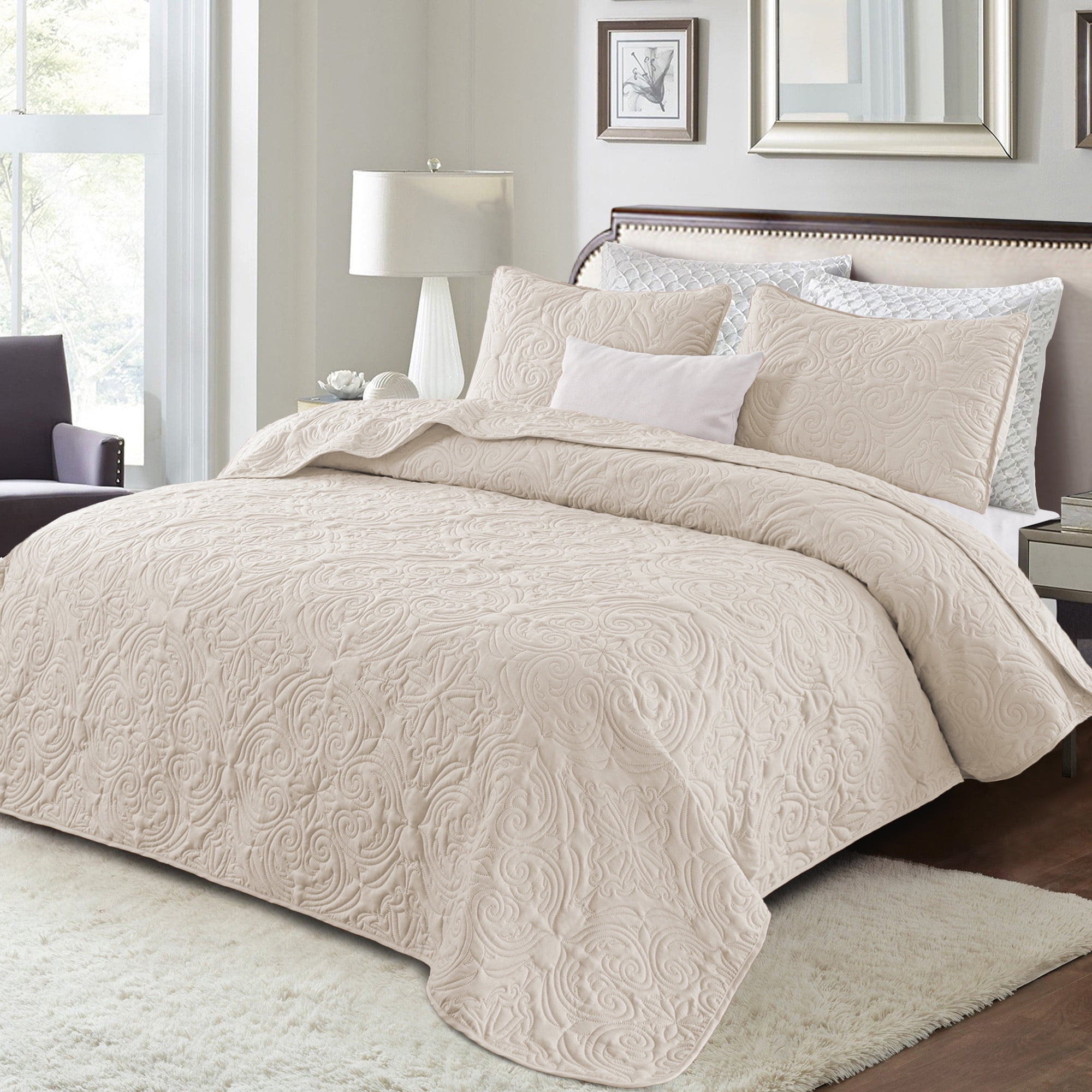 Exclusivo Mezcla Queen Quilt Bedding Set, Lightweight Vintage Embossed Bedspread with Pillow Shams (Beige, 96 in x 90 in) kfkcc