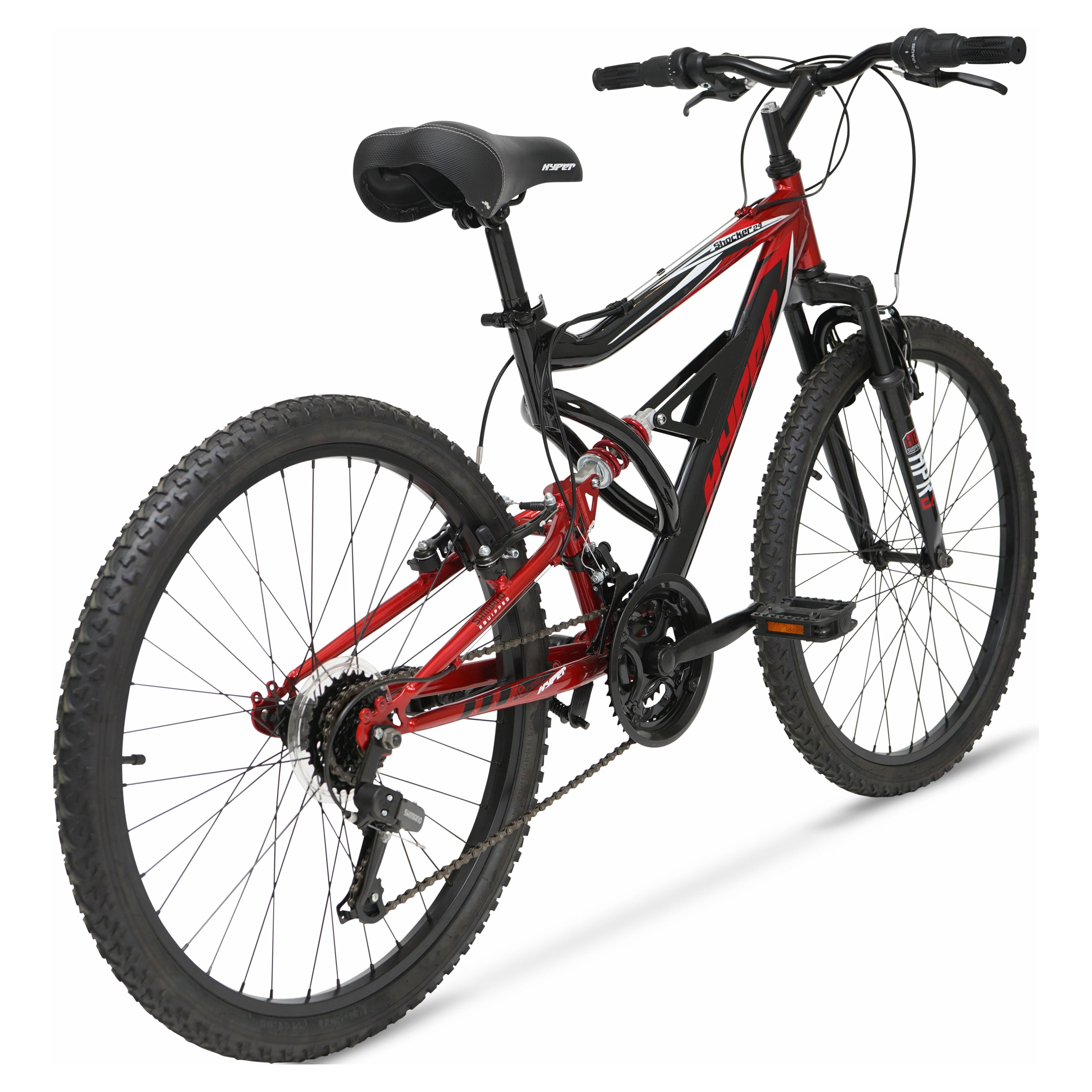 Hyper Bicycles Shocker Mountain Bike, Full Suspension, 18-Speed, Durable Steel Frame (Black/Red, 24 in) 1q8gl