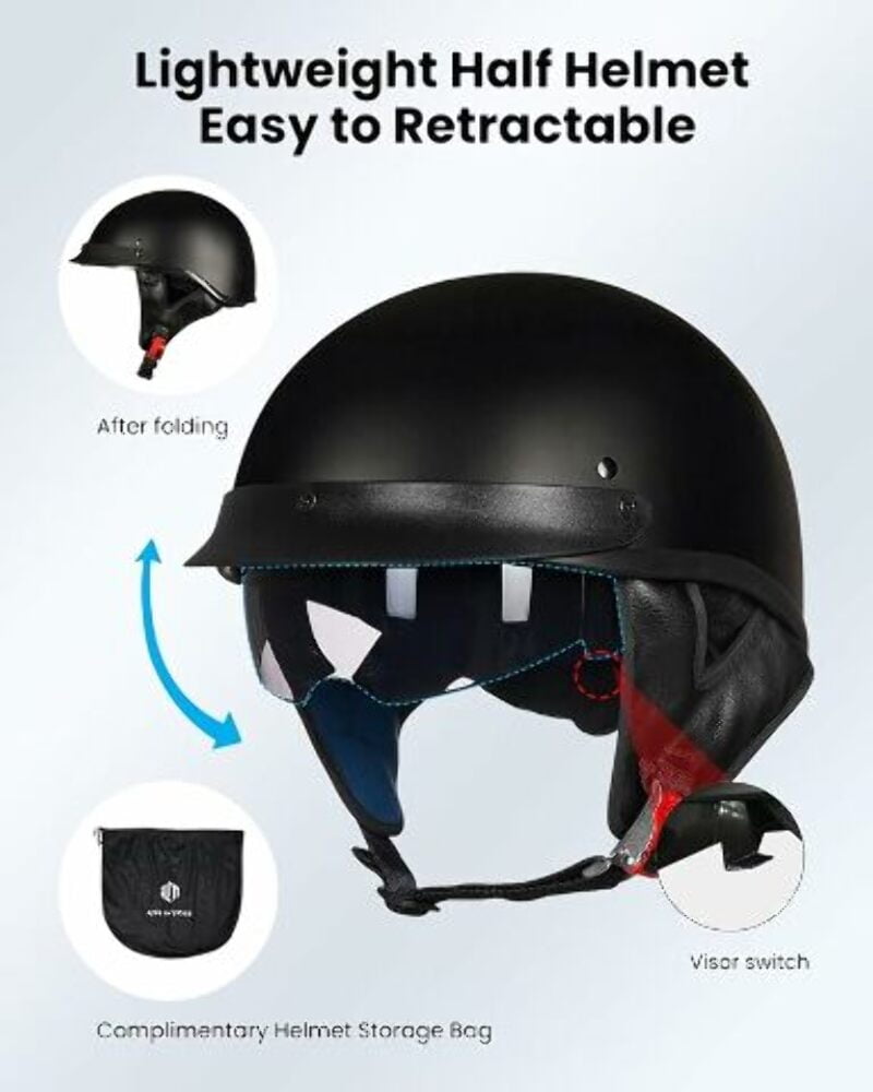 ILM 205V Motorcycle Half Helmet, DOT Approved Lightweight ABS Shell with Sun Visor (Matte Black, One Size) 1jaaf