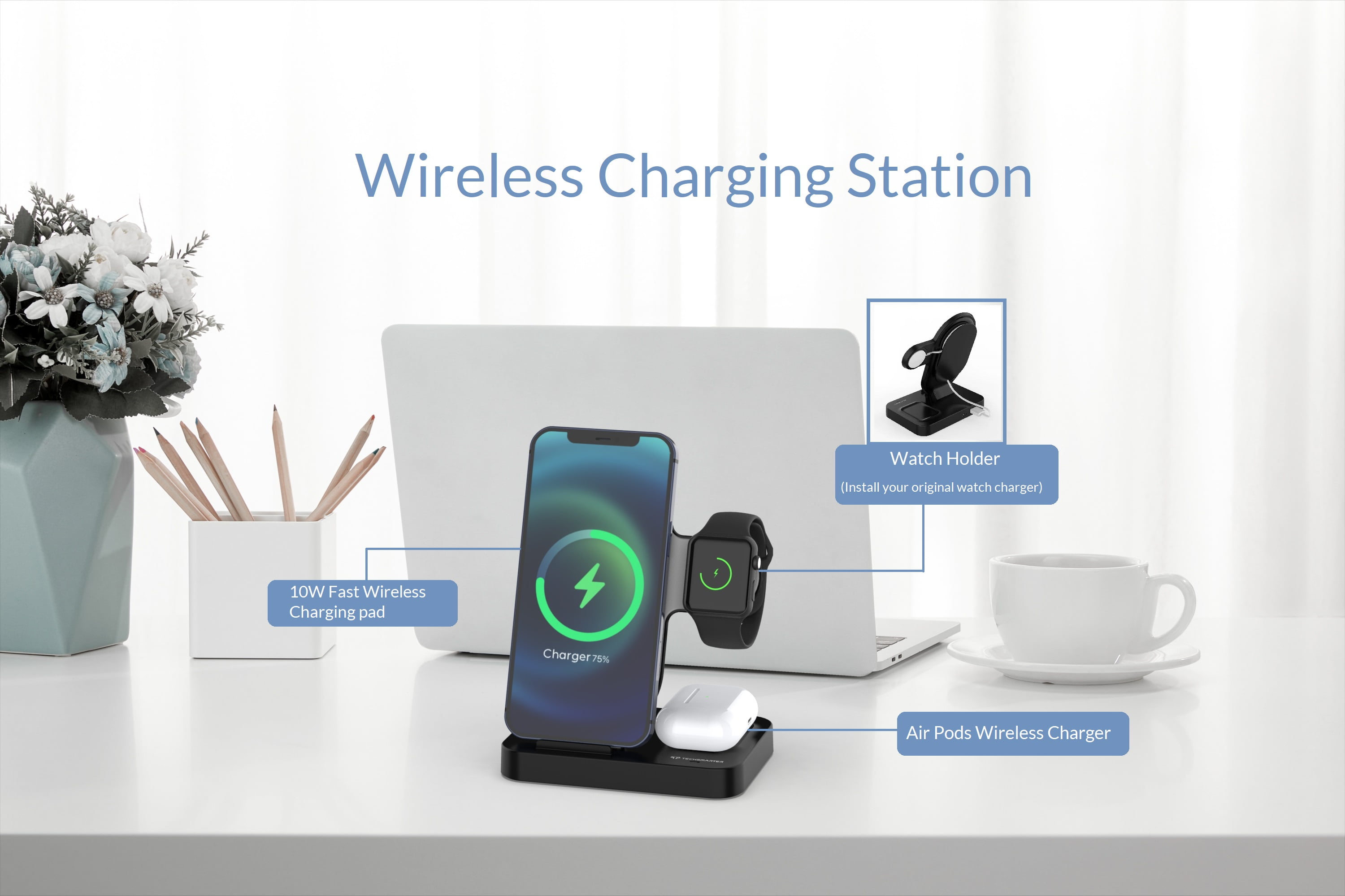 Techsmarter 3-in-1 Fast Qi Wireless Charging Station Dock for iPhone AirPods and Apple Watch (Black, 1 Pack) onquo
