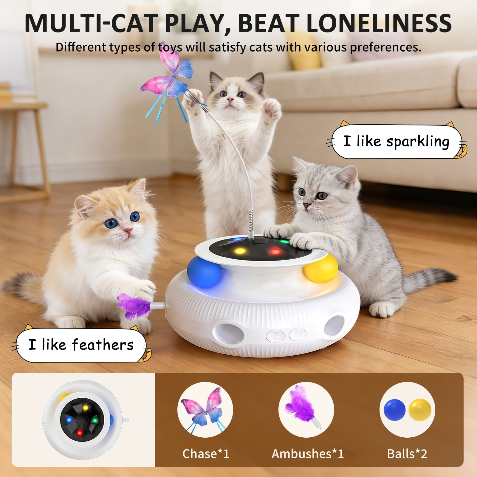 Cornmi 3-in-1 Interactive Cat Toy, Smart Feather Wand with USB Rechargeable Base (White) ggylw