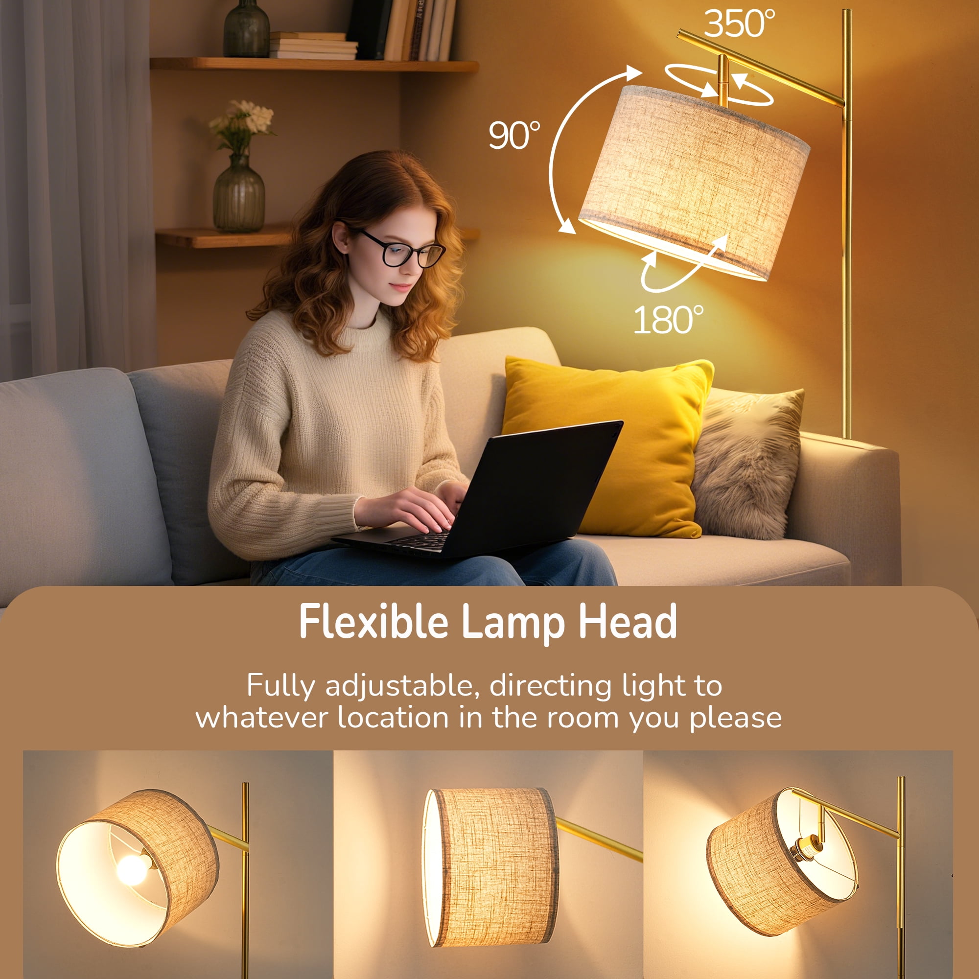 EDISHINE Metal Arc Floor Lamp with Foot Switch and Adjustable Shade (Golden, 64.7 in) npvfp