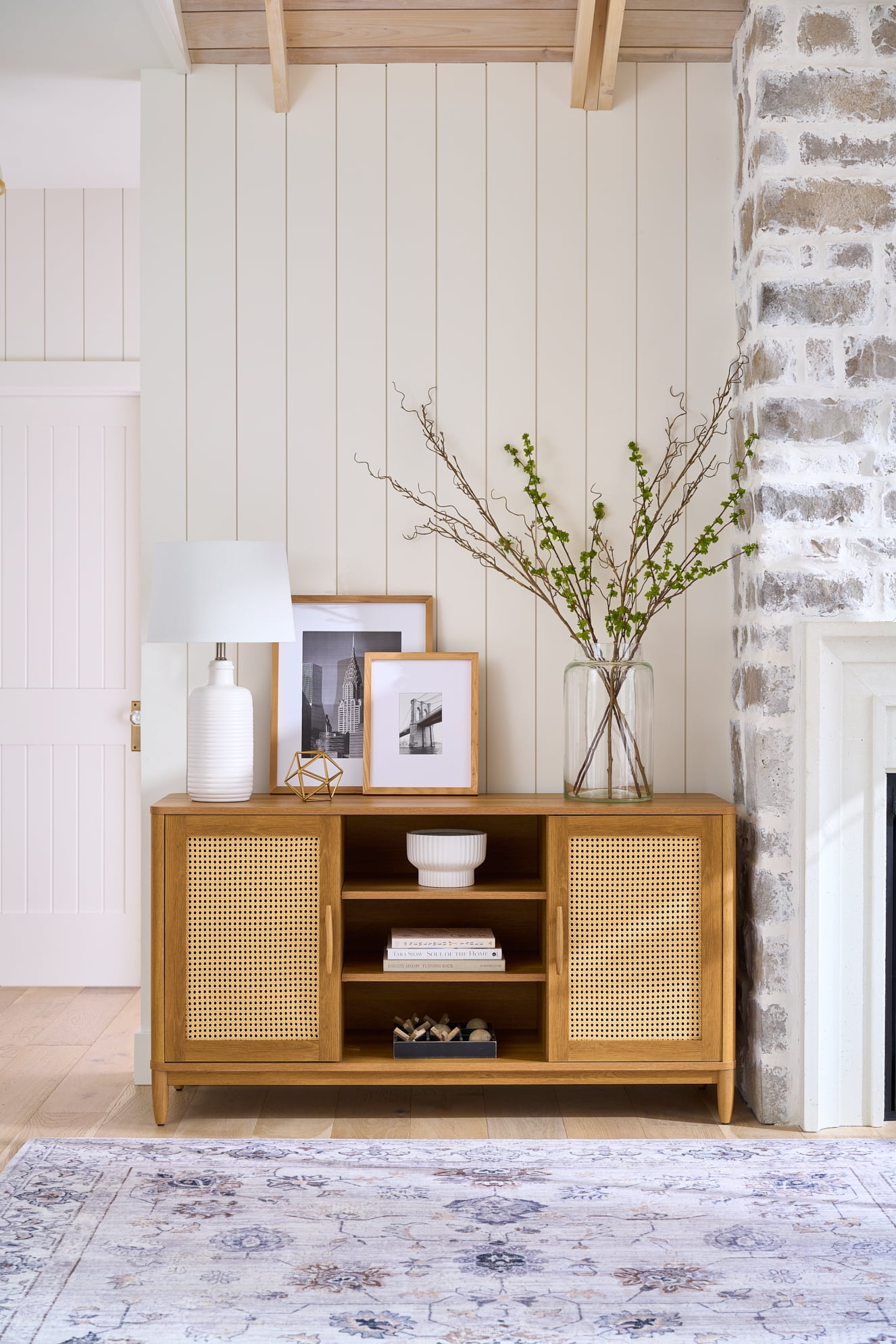 Better Homes & Gardens Springwood Cane TV Stand with Rattan Doors (Light Honey, 57.01 in L x 18.03 in W x 31.02 in H) ozi7a