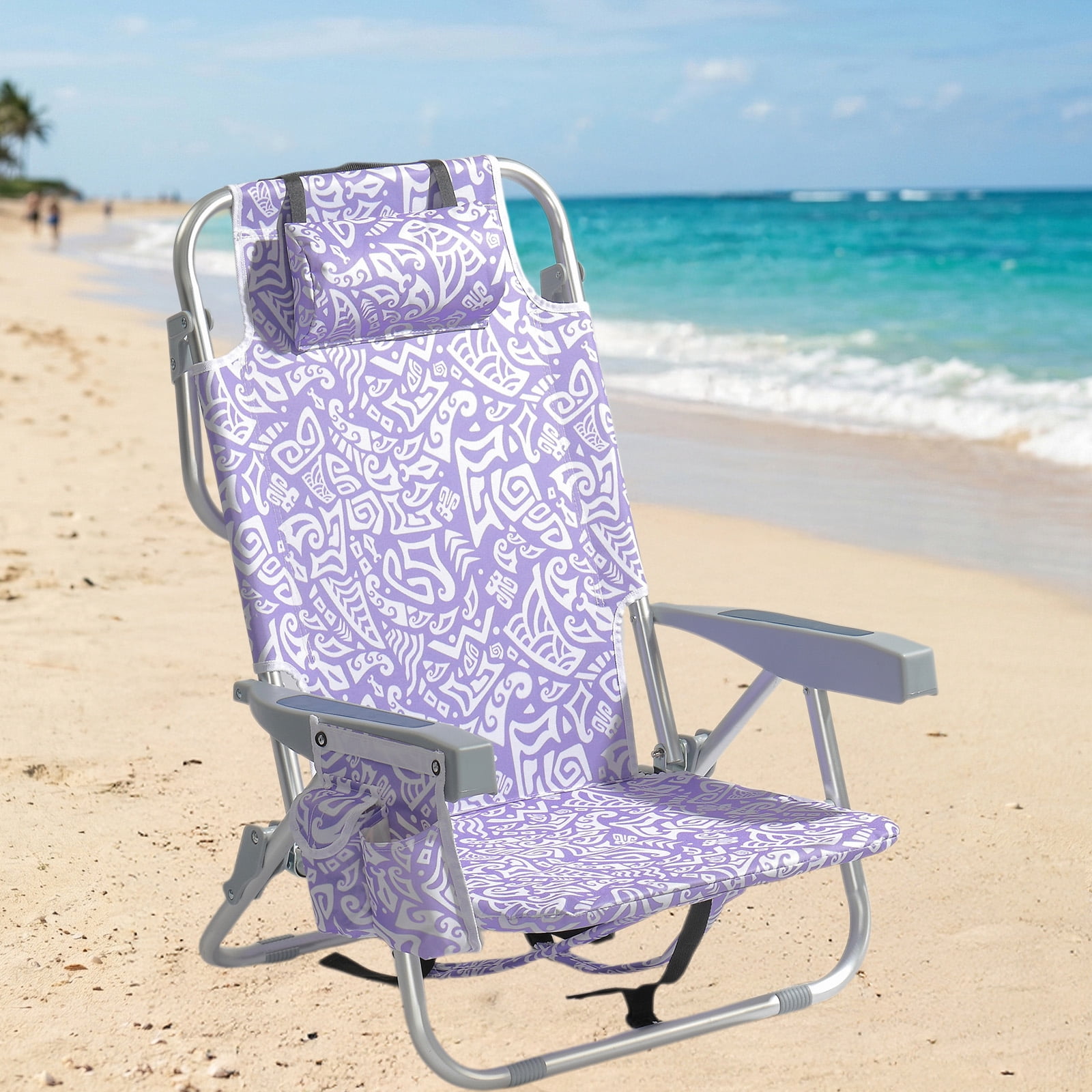 HONEY HOME Aluminum Beach Chair, 5-Position Adjustable Folding Chair with Cooler Bag and Headrest (265 lb Capacity) fd3q4