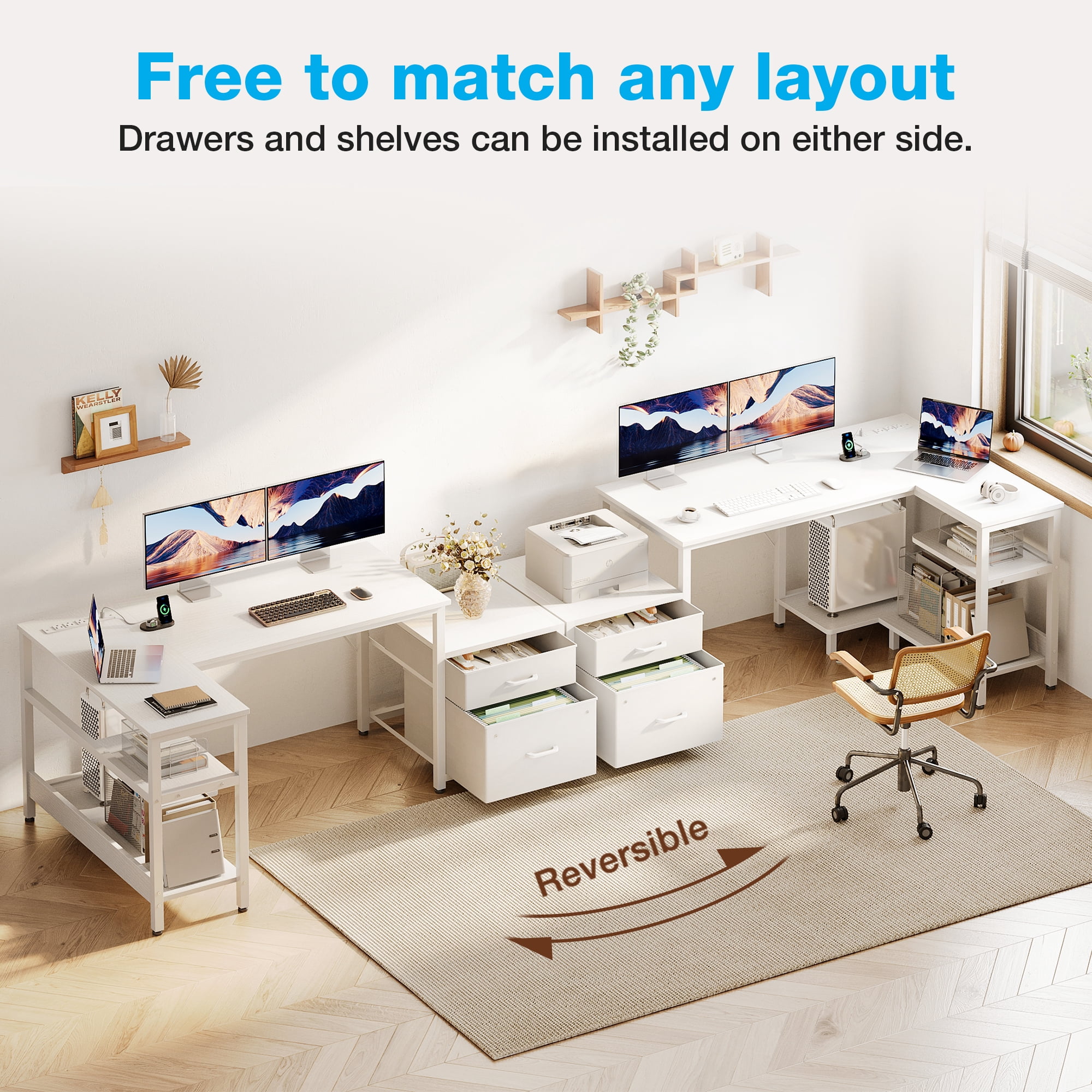 Casacomoda L-Shaped Computer Desk with Power Outlets, File Drawer, and Storage Shelves (White) cimfp