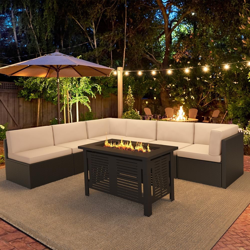 YODOLLA 7-Piece Outdoor Patio Furniture Set with 43 in Fire Pit Table, Rattan Wicker Sectional Sofa Conversation Set (Brown and Beige, 110 in x 54.75 in) 7a43n