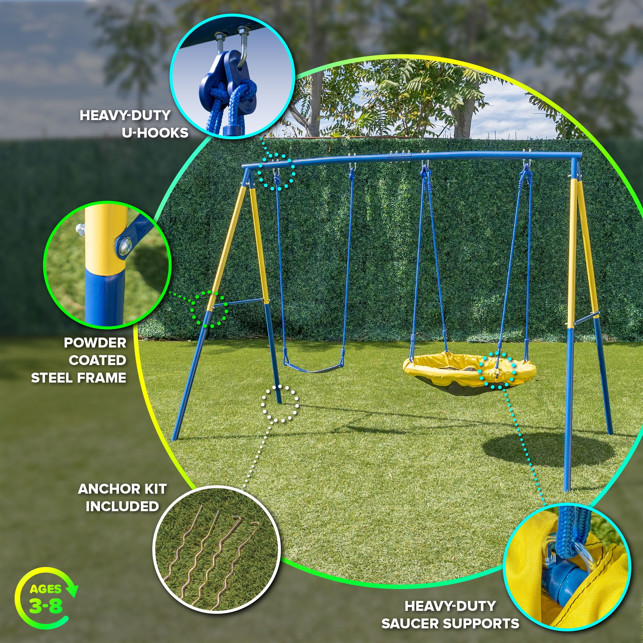 Sportspower My 1st Outdoor Backyard Swing Set with Belt Swing and 32 in Saucer Swing (Yellow, 6 ft Height) fb580