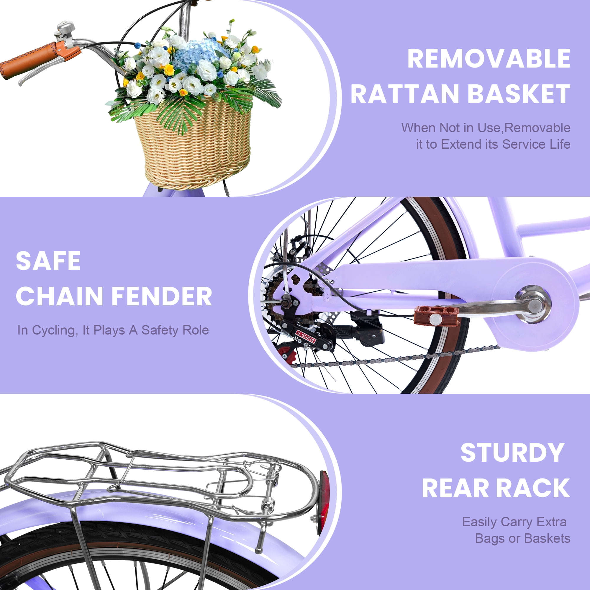 Akaber 24 Inch Beach Cruiser Bike for Women, 7-Speed Commuter Bicycle with Rattan Basket (24 in) wfxv2