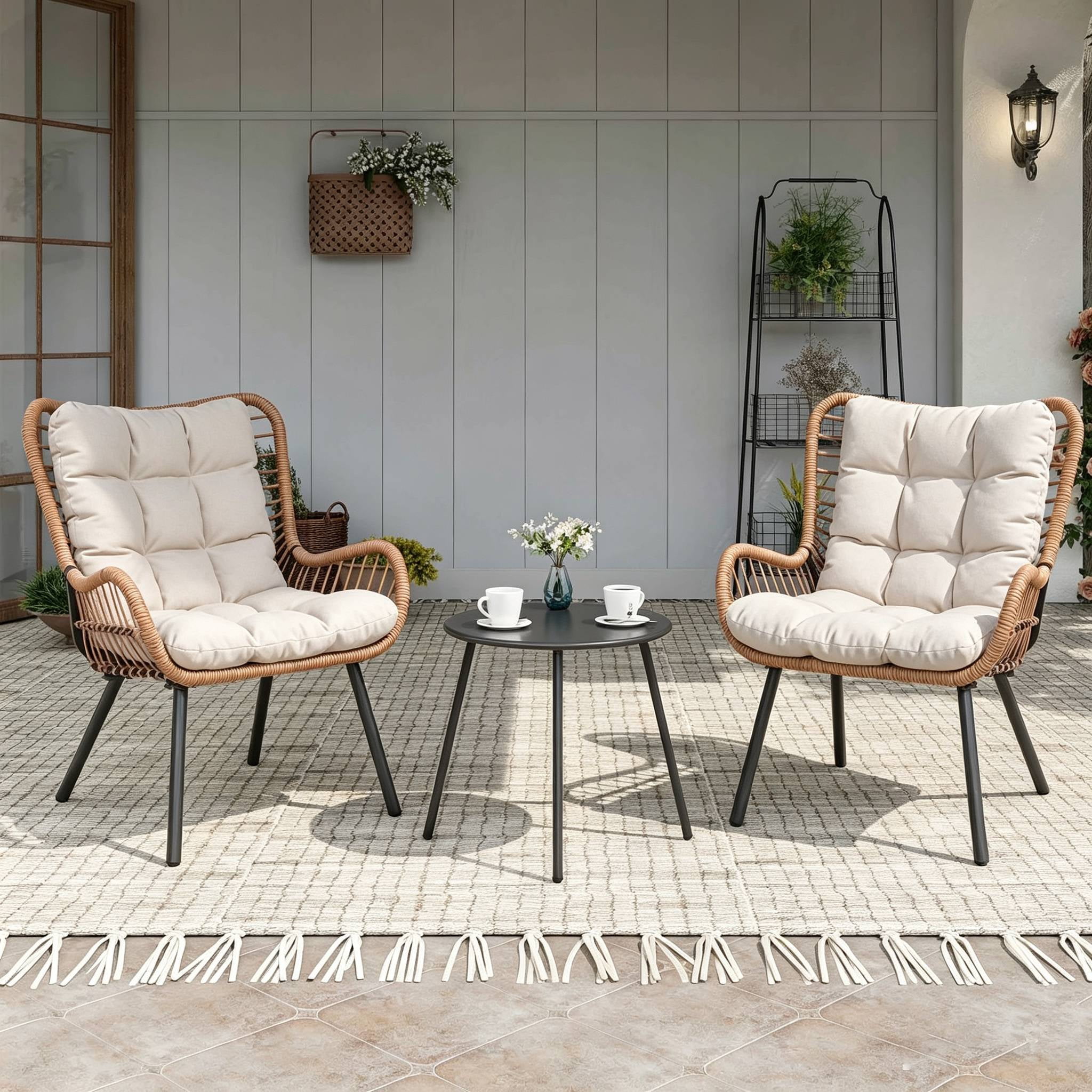 KamerOut 3 Piece Outdoor Bistro Set, Rattan Patio Furniture with Coffee Table and Cushions (Beige, 3 Piece) 80gtz