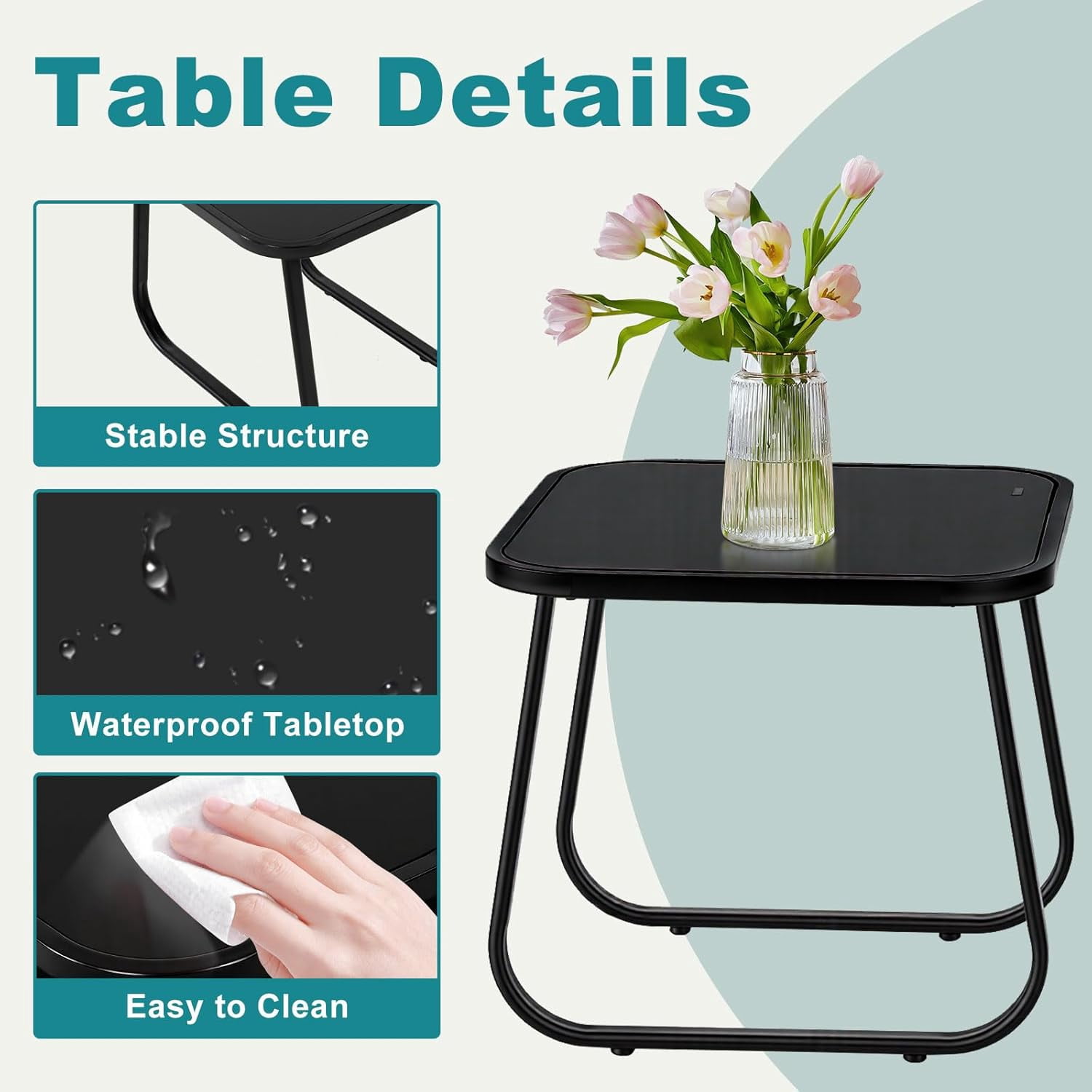 Betcozy 3-Piece Outdoor Bistro Set, Patio Conversation Furniture with Textilene Chairs and Tempered Glass Side Table (Black, 3-Piece Set) v61h2
