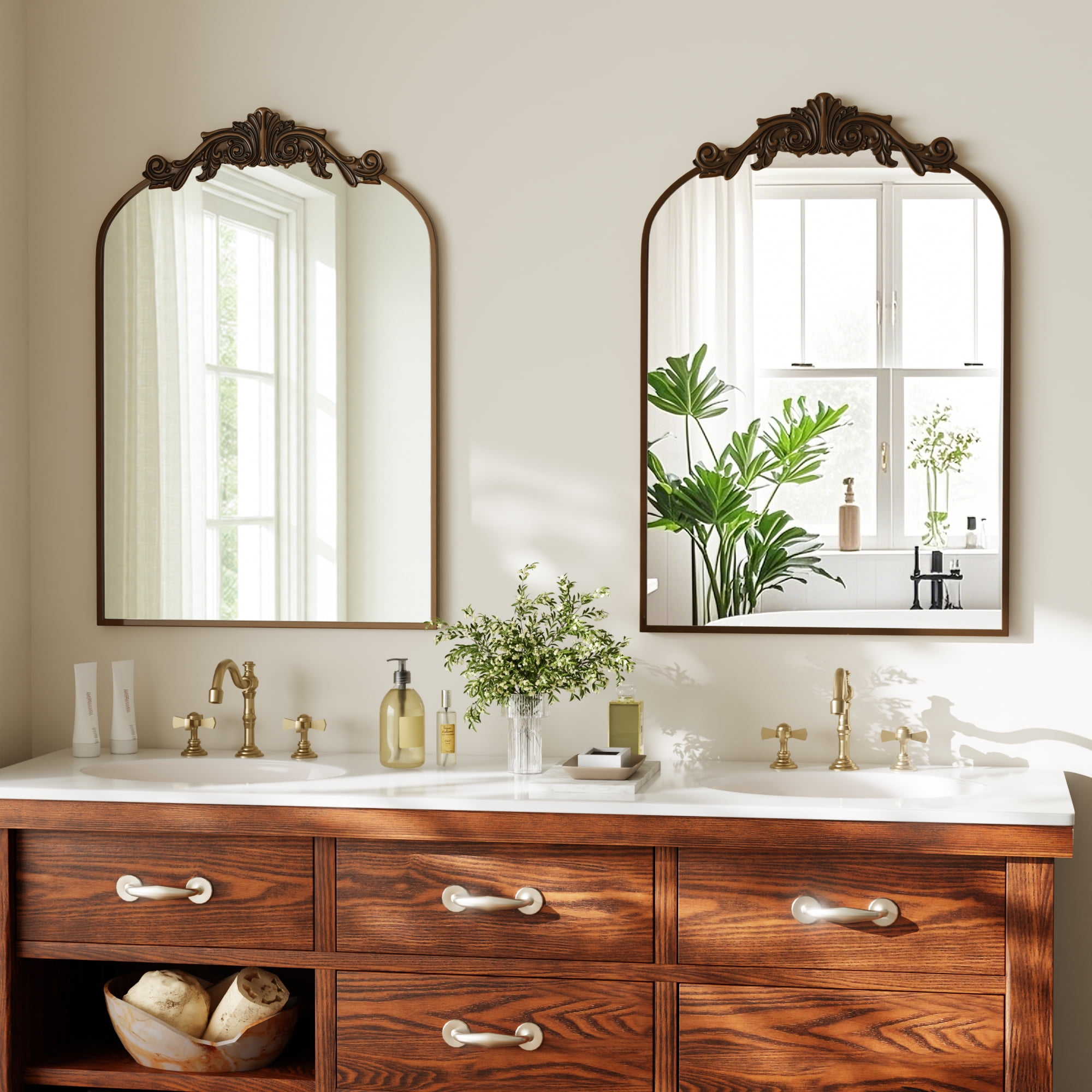 BEAUTYPEAK Arched Wall Mirror Vintage Metal Bathroom Vanity Mirror (Bronze, 24 in x 38 in) bmu2a