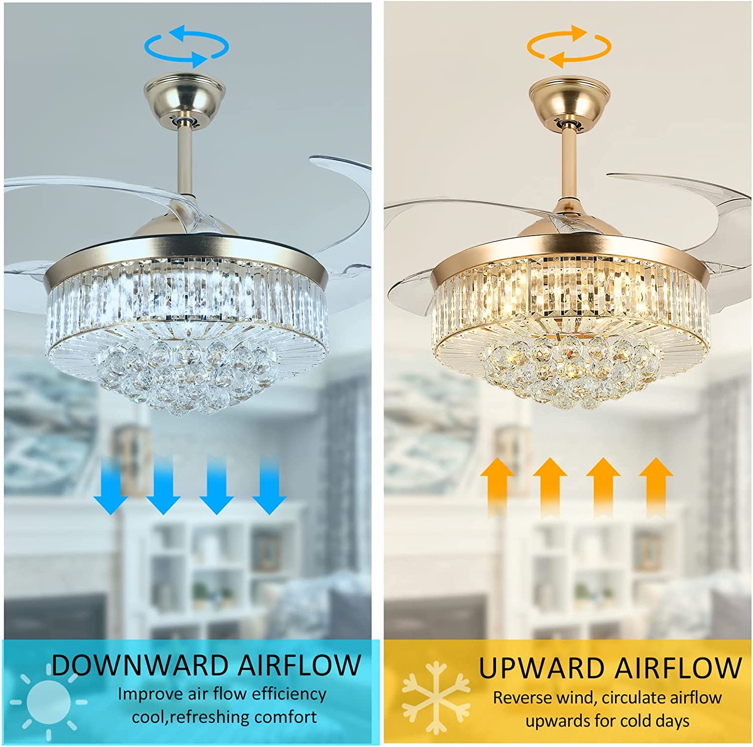Datingday 42 in Crystal Ceiling Fan Chandelier with Remote (Gold, 42 in) exti6