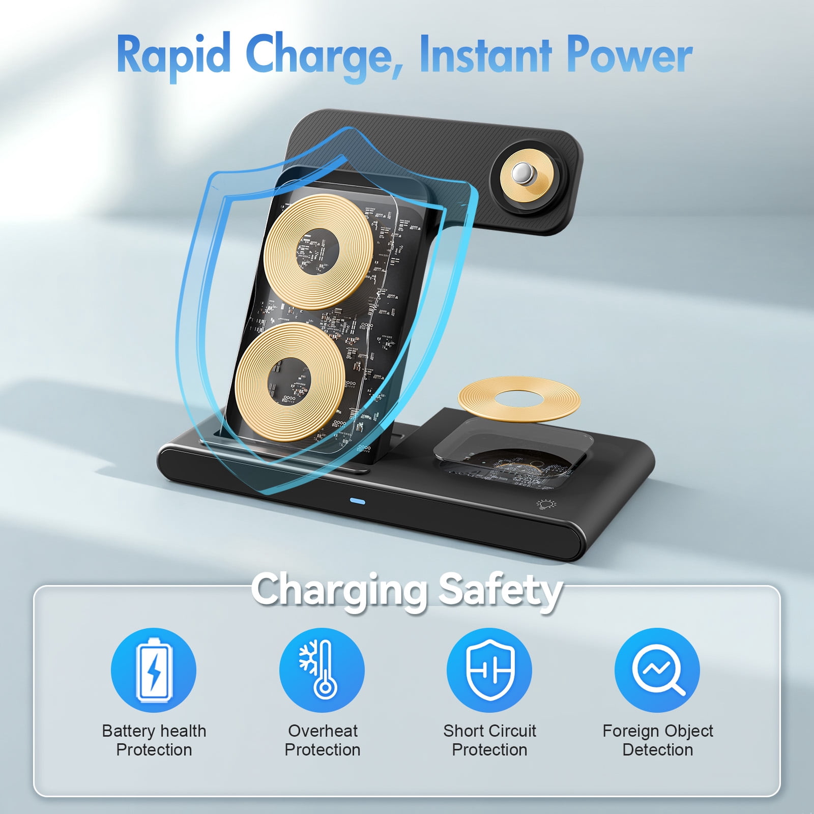 BAOKALER 3-in-1 Wireless Charging Station, Fast Charging Dock for iPhone, Apple Watch, and AirPods (Black, 15W) on0yj