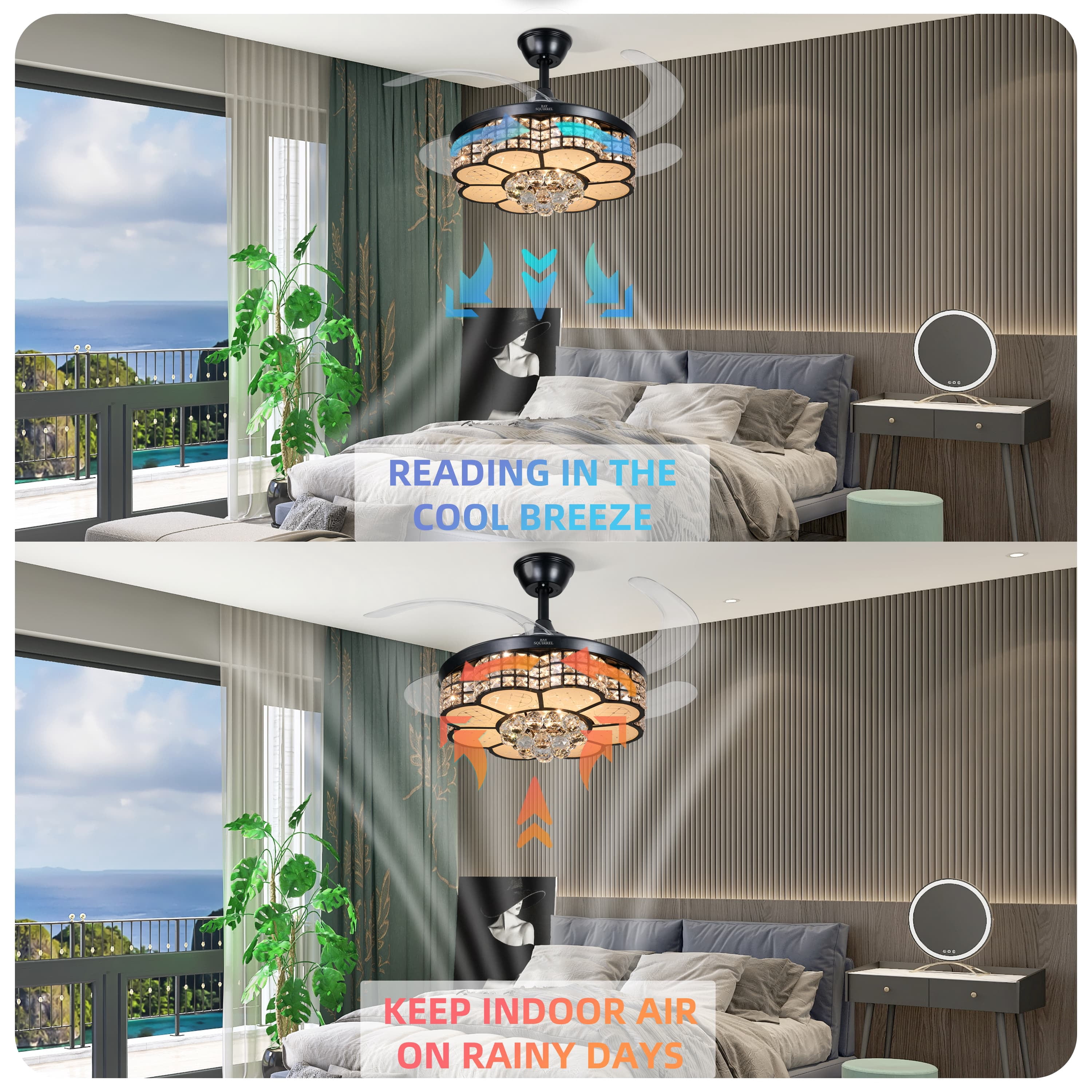 BAYSQUIRREL Retractable Crystal Ceiling Fan with RGB LED Light, Bluetooth Speaker, Remote & APP Control (42 in) 68jc5