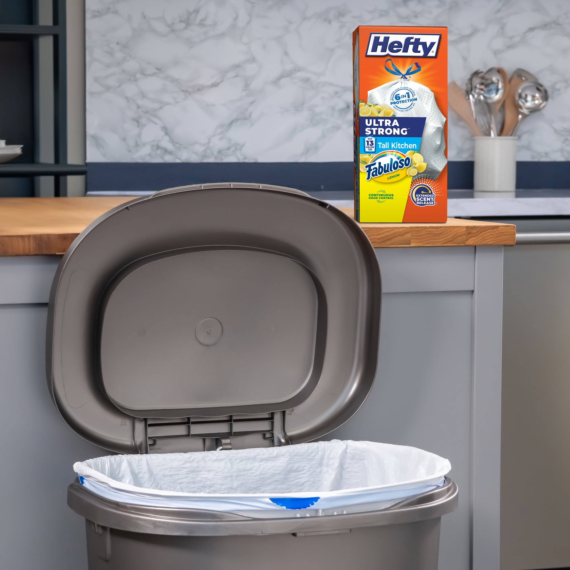 Hefty Ultra Strong Tall Kitchen Trash Bags, Odor Control with Fabuloso Lemon Scent (White, 40 Count) yuys5