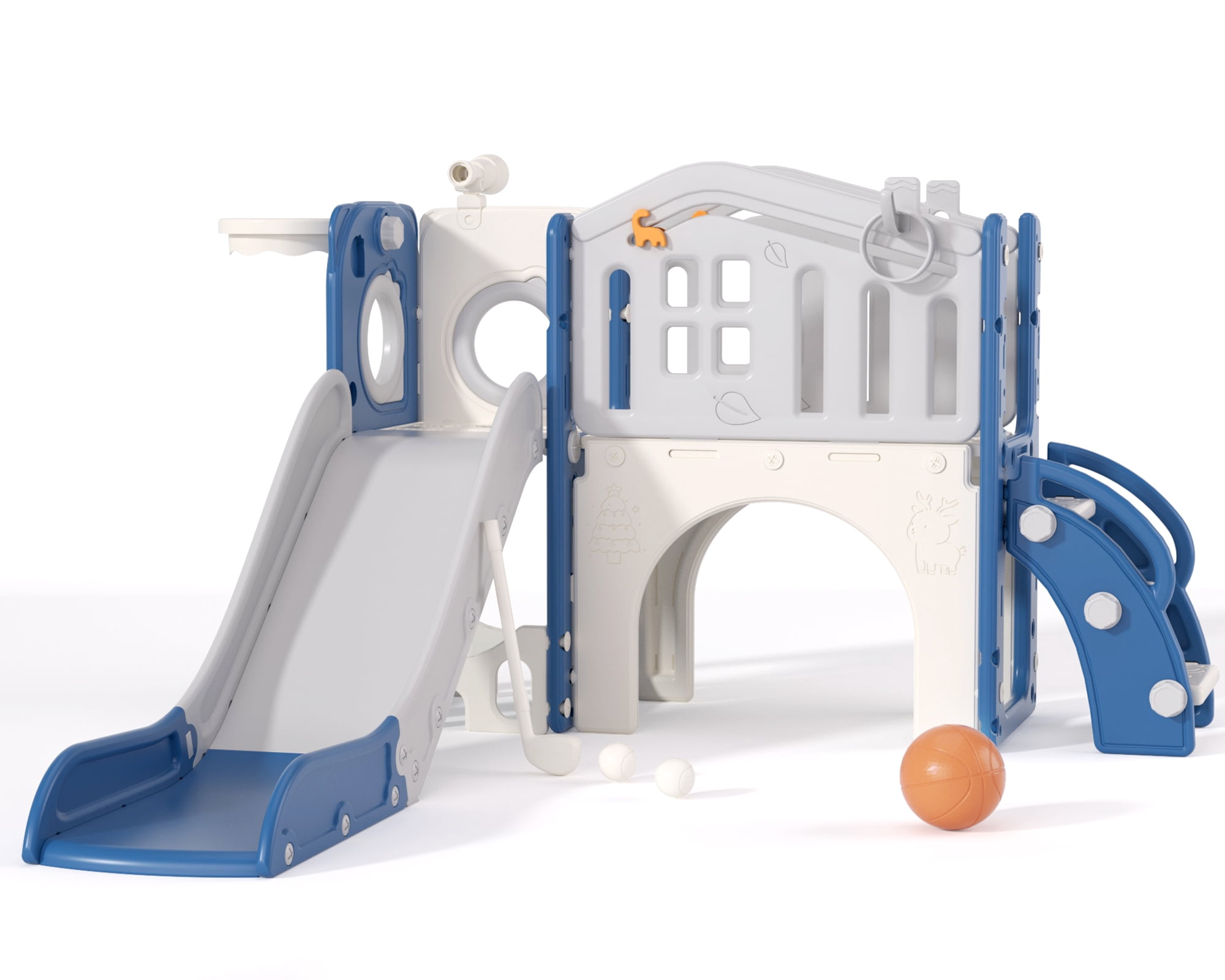 XJD 10-in-1 Toddler Slide and Activity Playset, Indoor and Outdoor Playground with Basketball Hoop and Climbing Zone (Blue and Gray) 125sk