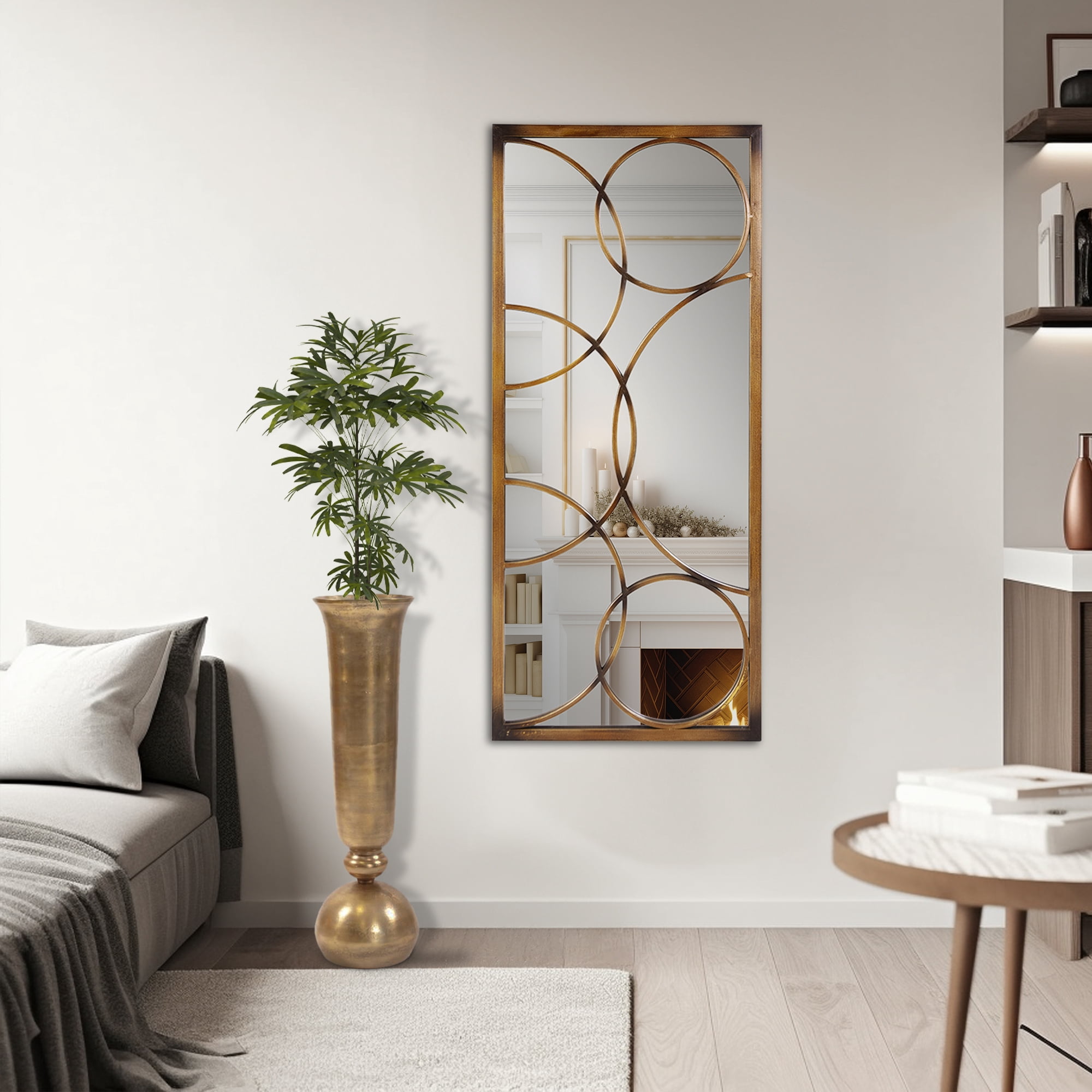Tyler Dillion Rectangular Metal Wall Mirror with Circular Overlays (Brushed Bronze, 24 in x 36 in) zy413