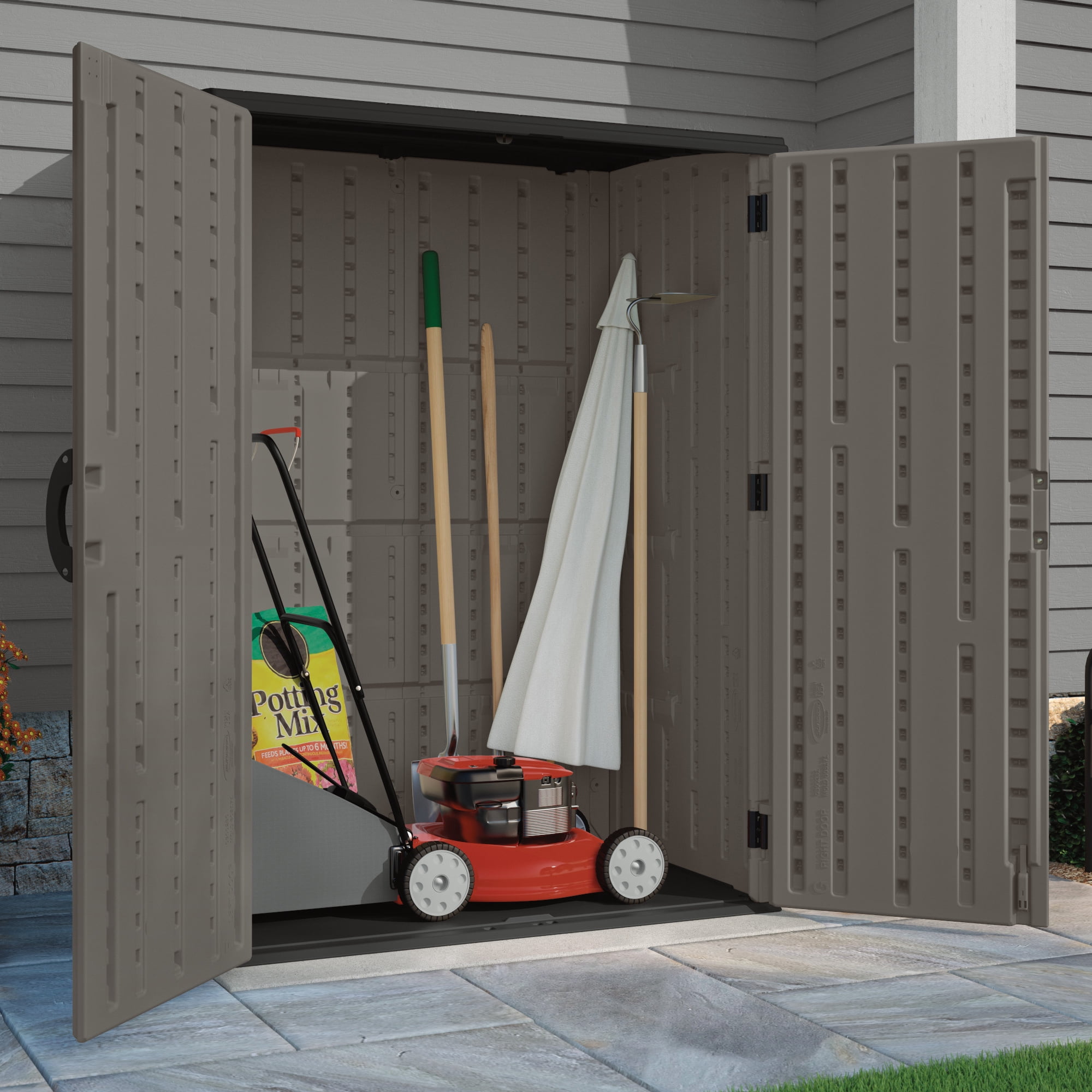 Suncast Vertical Resin Outdoor Tool Shed (Grey, 4.42 ft W x 2.71 ft D) wv4a2